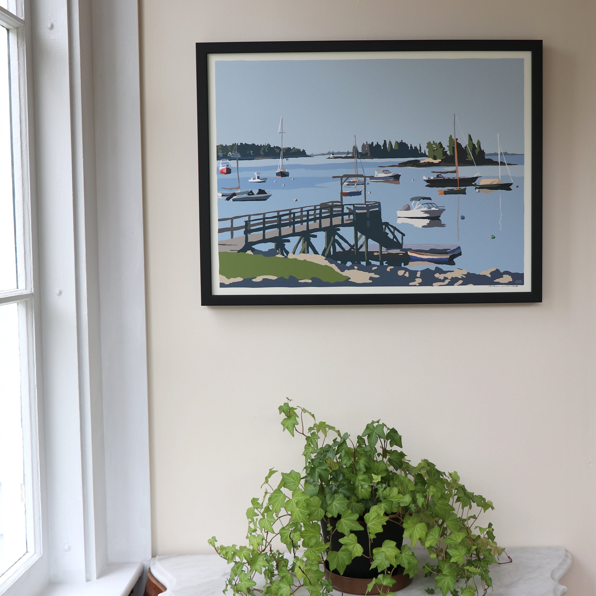 Sailboats in Boothbay Harbor Art Framed Print 18" x 24" Horizontal Wall Poster By Alan Claude - Maine