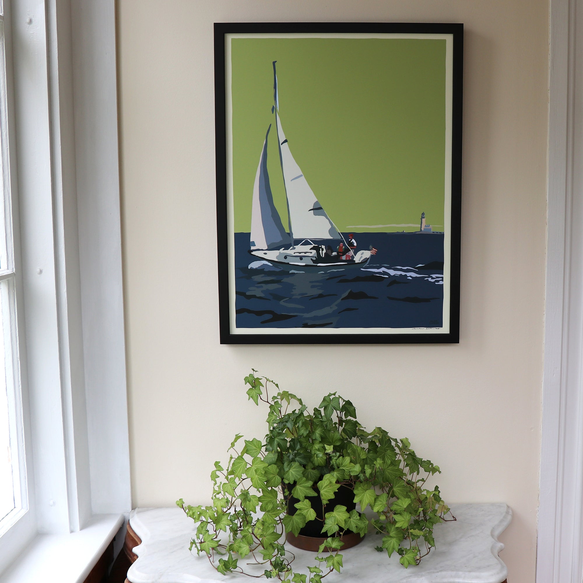 Sailing Half Way Rock Light Art Framed Print 18" x 24" Travel Poster - Maine