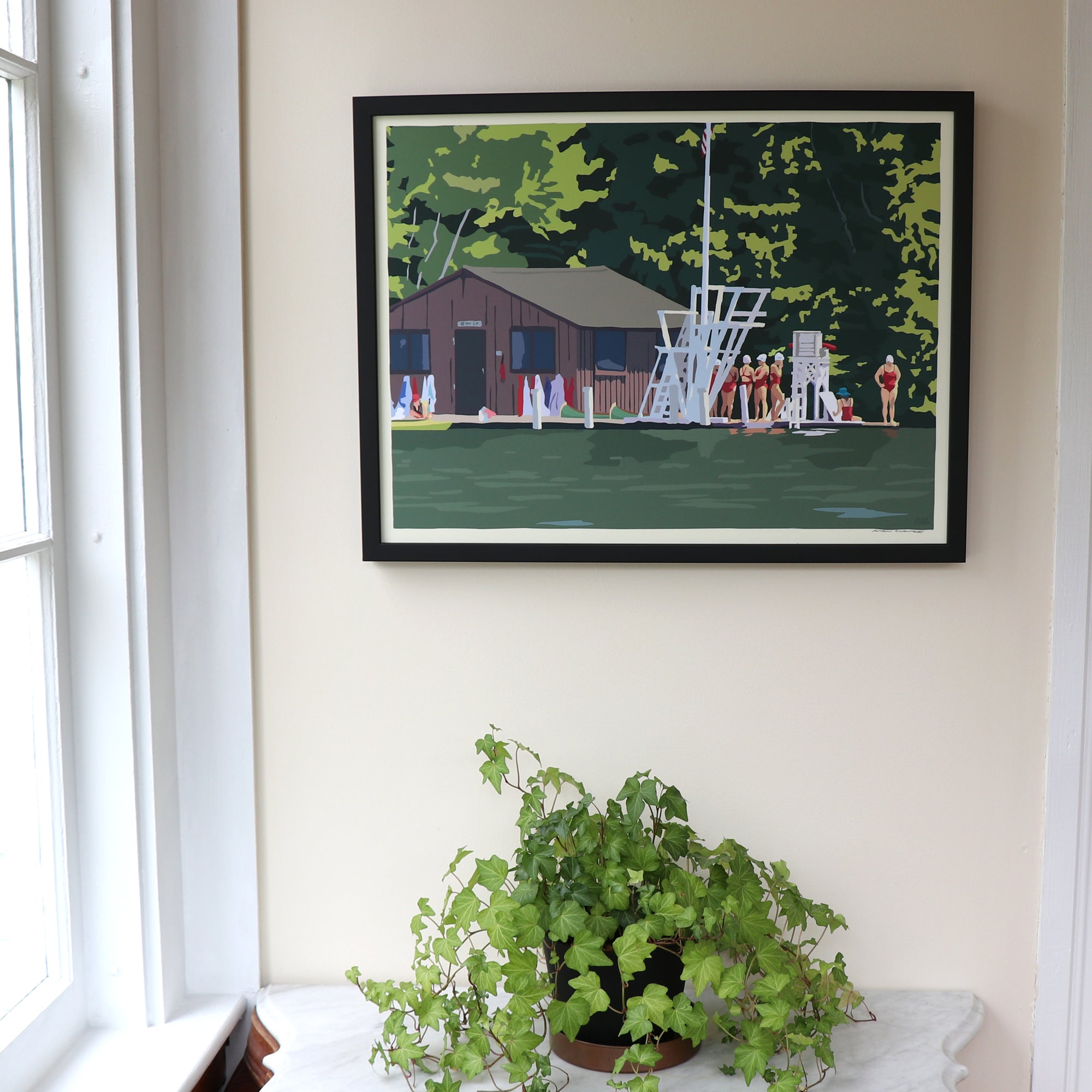 Sebago Lake Swimmers Art Print 18" x 24" Horizontal Framed Travel Poster By Alan Claude - Maine