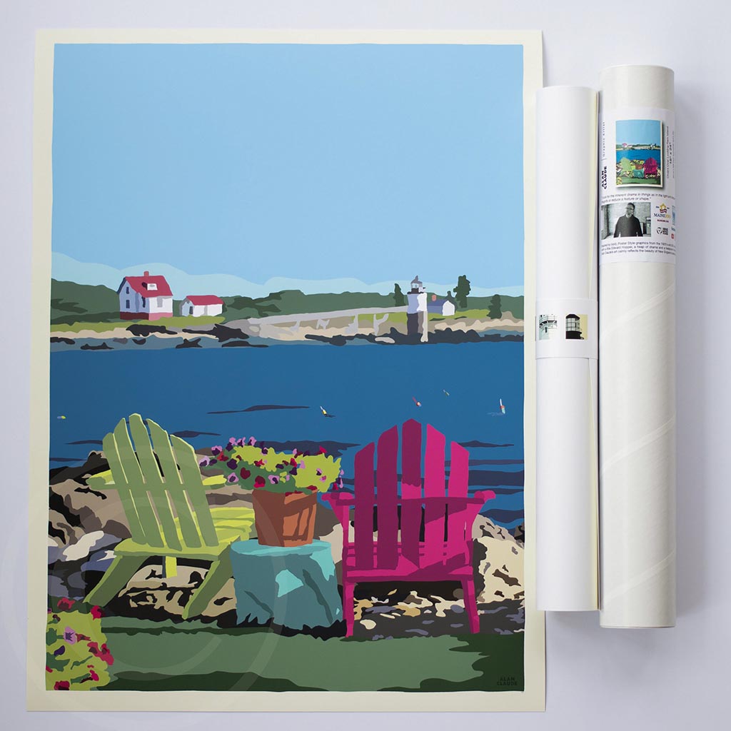 Chairs Overlooking Ram Island Art Print 18" x 24" Wall Poster By Alan Claude - Maine