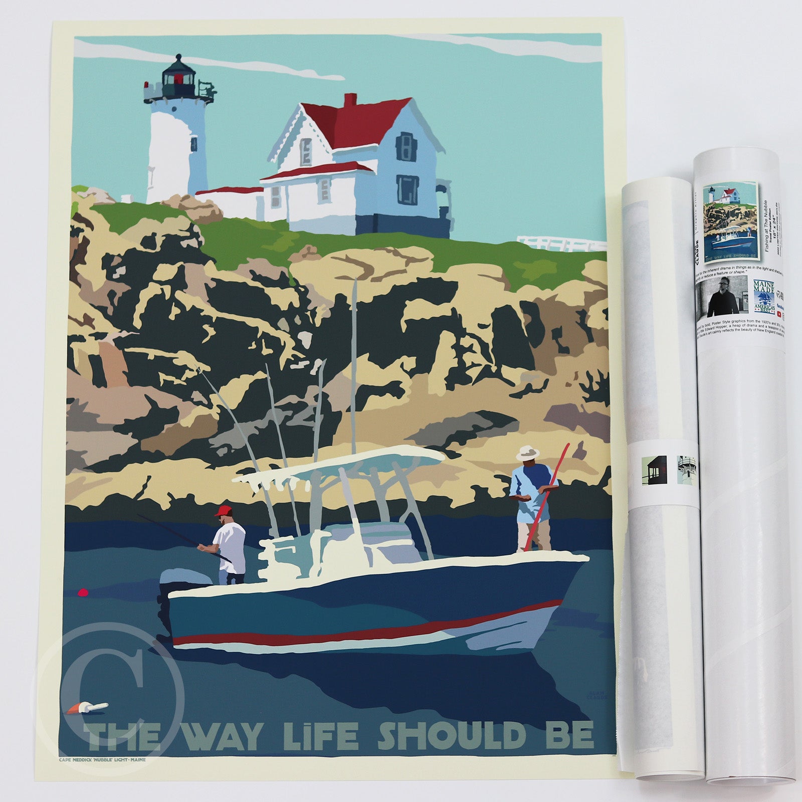 Fishing at the Nubble Art Print 18" x 24" Travel Poster By Alan Claude - Maine