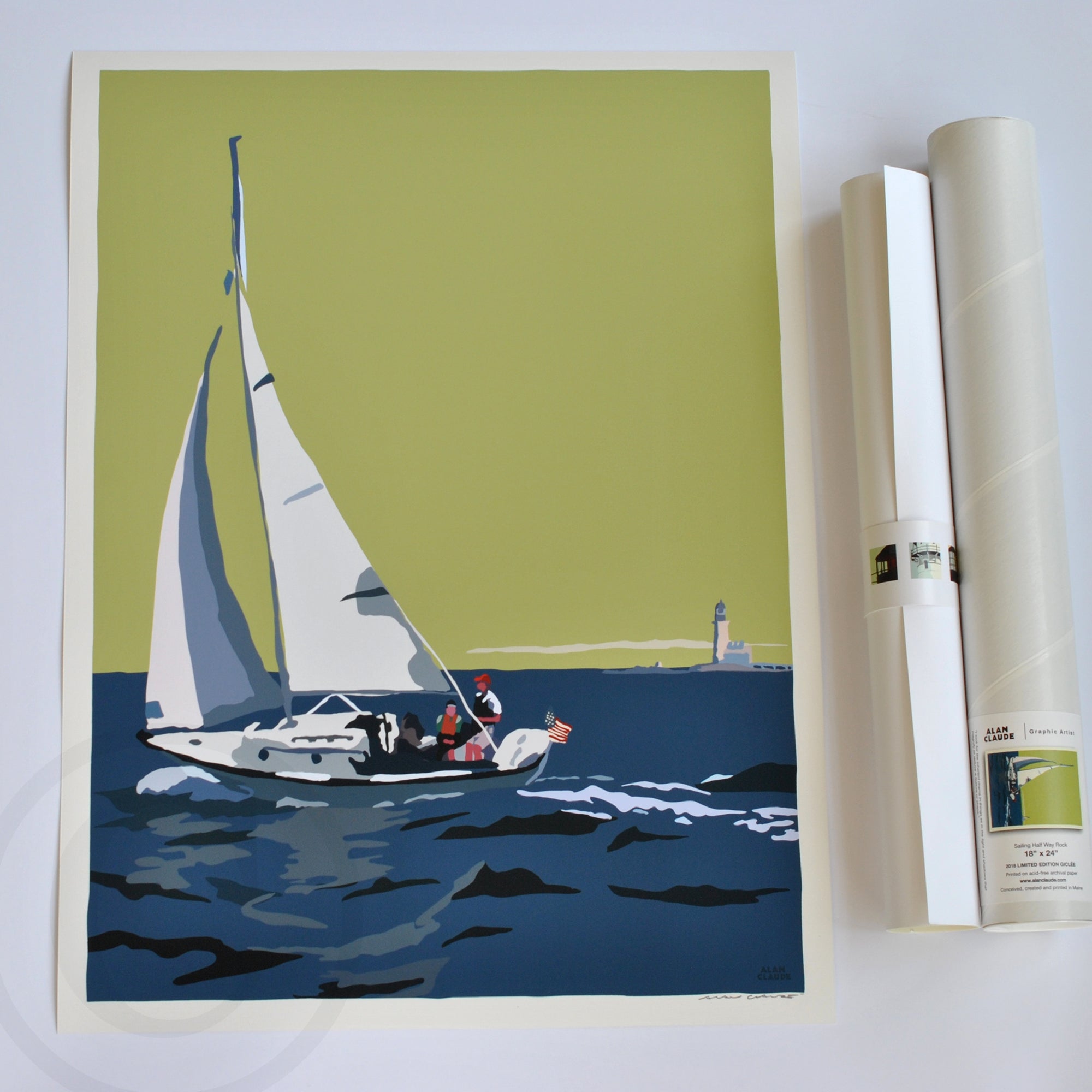 Sailing Half Way Rock Light Art Print 18" x 24" Travel Poster By Alan Claude - Maine