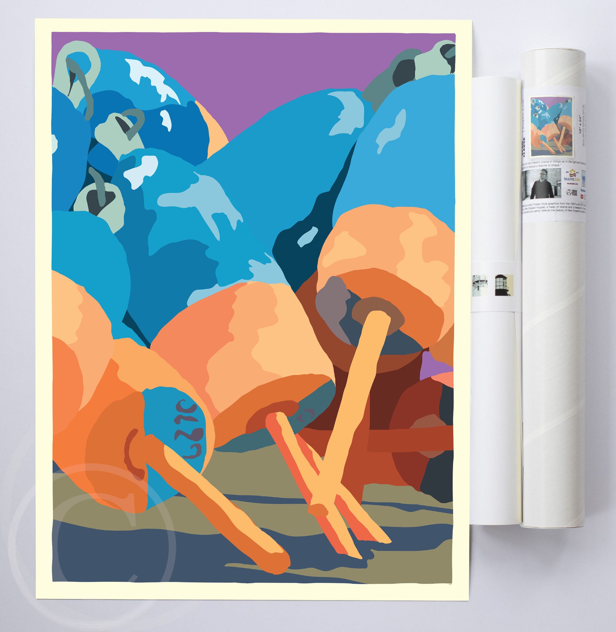 Blue & Orange Lobster Buoys Art Print 18" x 24" Wall Poster By Alan Claude - Maine