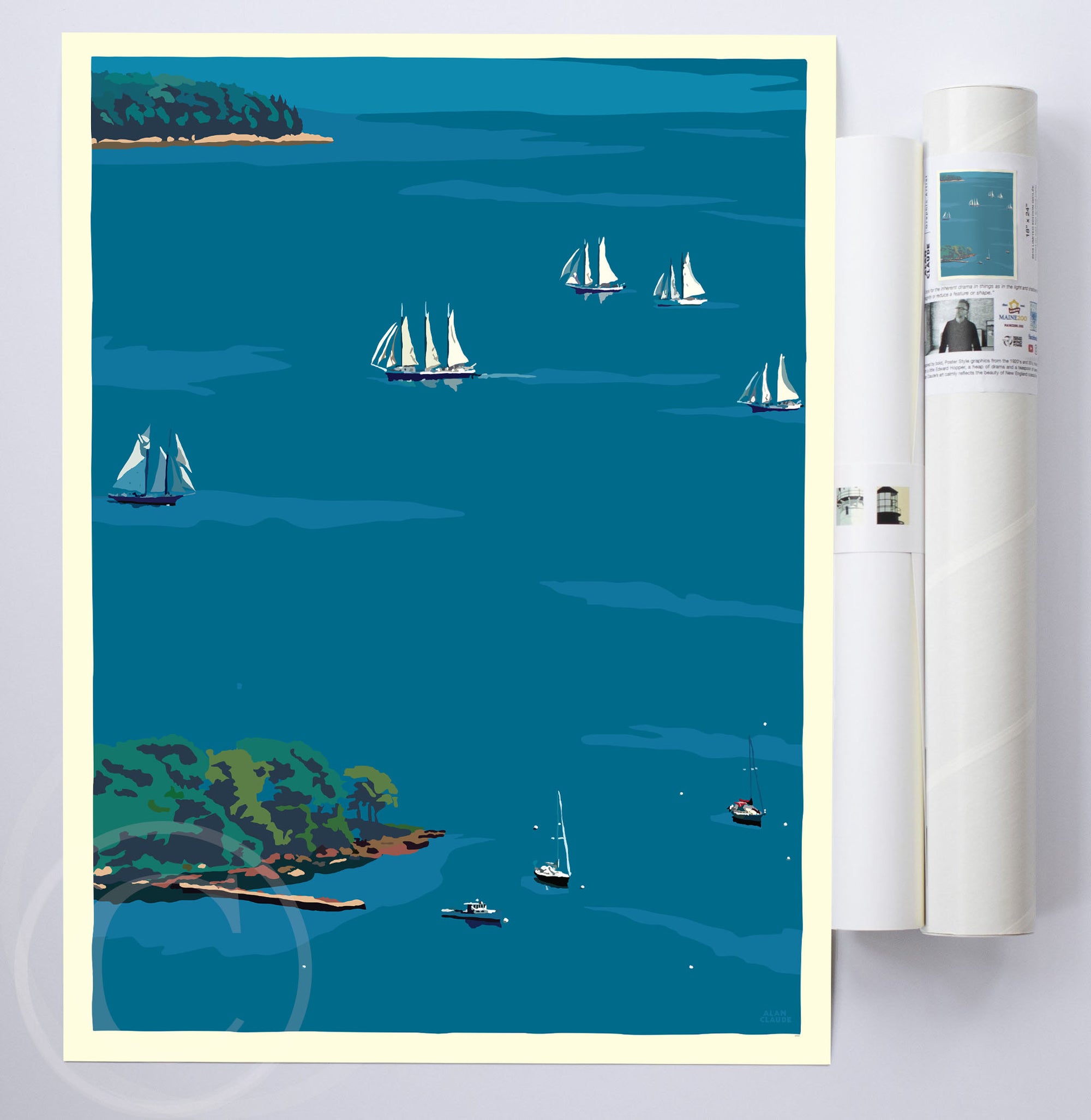 Schooners in Camden Harbor Art Print 18" x 24" Wall Poster By Alan Claude - Maine