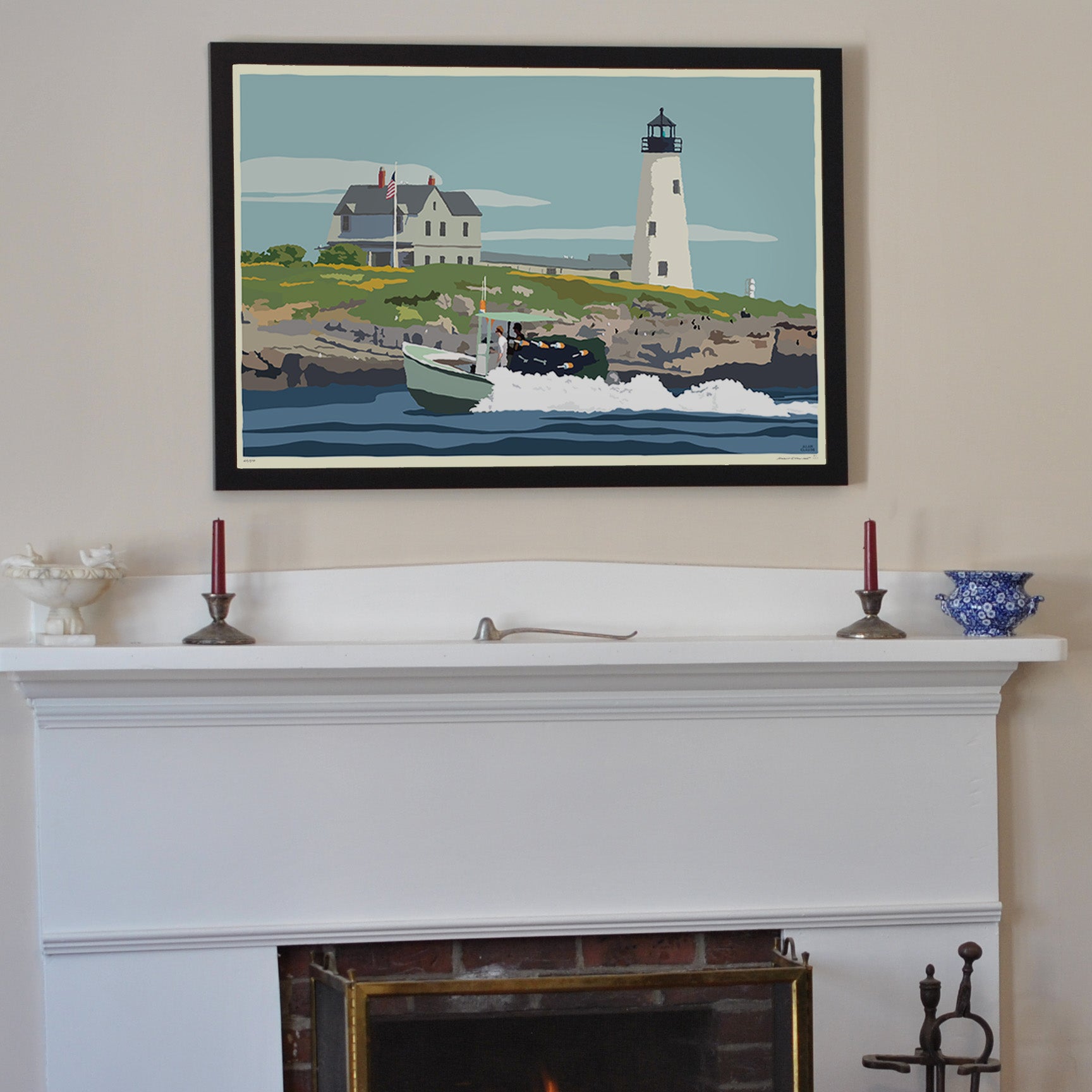 Wood Island Light Art Print 24" x 36" Framed Wall Poster By Alan Claude - Maine