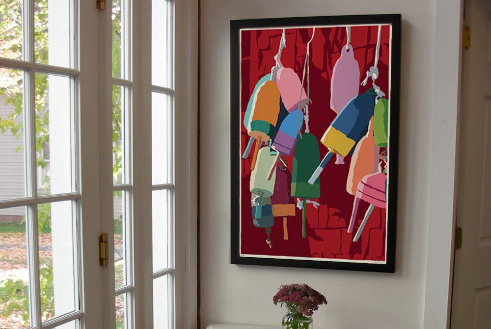Lobster Buoys Art Print 24" x 36" Framed Wall Poster By Alan Claude - Maine