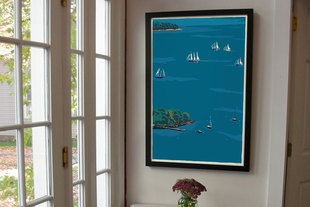 Schooners in Camden Harbor Art Print 24" x 36" Framed Wall Poster By Alan Claude - Maine