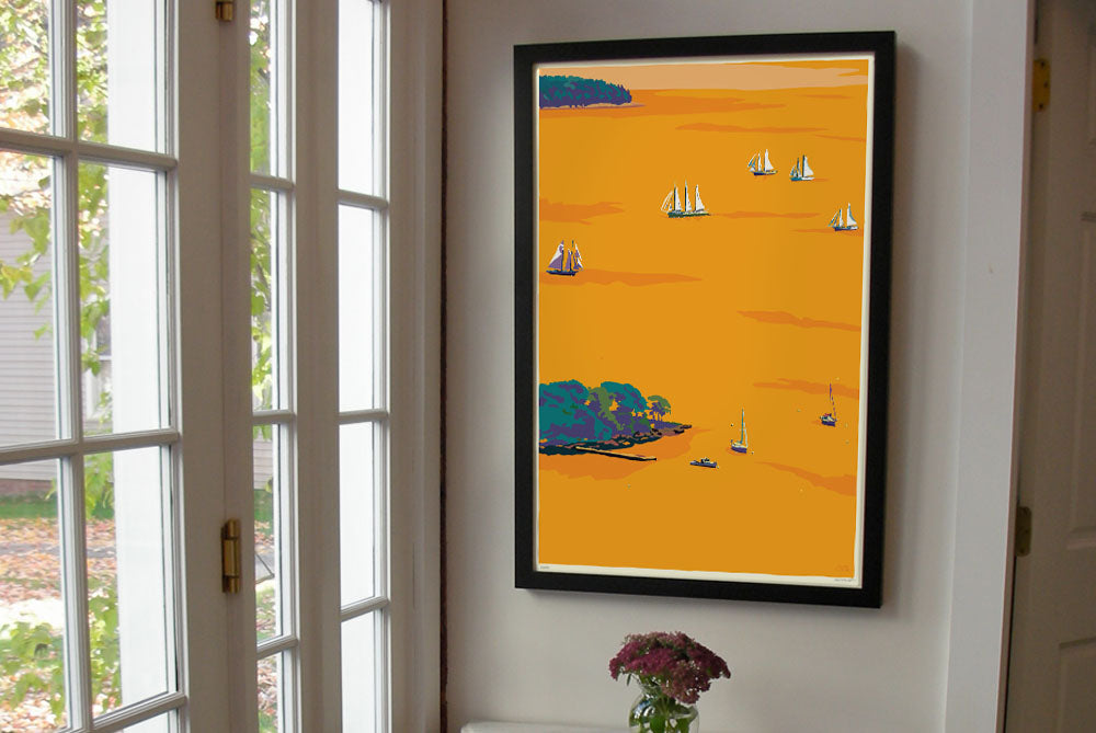 Sunset Schooners in Camden Harbor Art Print 24" x 36" Framed Wall Poster By Alan Claude - Maine