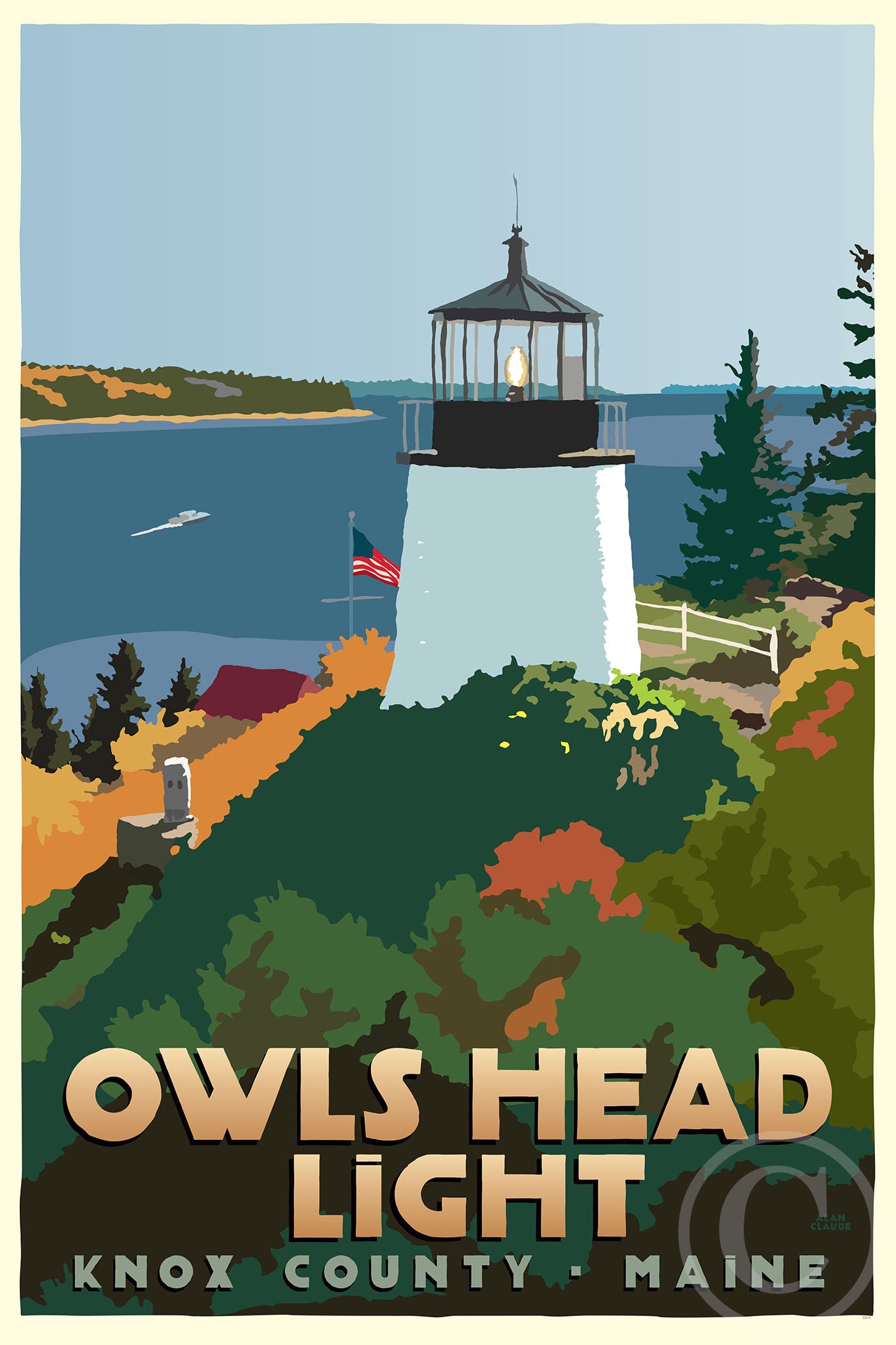 Above Owls Head Light Art Print 24" x 36" Travel Poster By Alan Claude - Maine