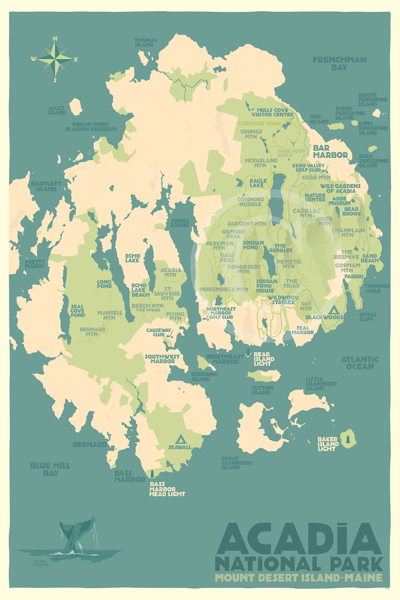 Acadia National Park Map Art Print 36" x 53" Travel Poster By Alan Claude - Maine