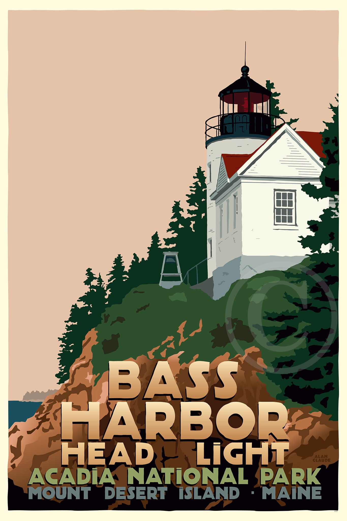 Bass Harbor Head Light Art Print 24" x 36" Travel Poster By Alan Claude - Maine
