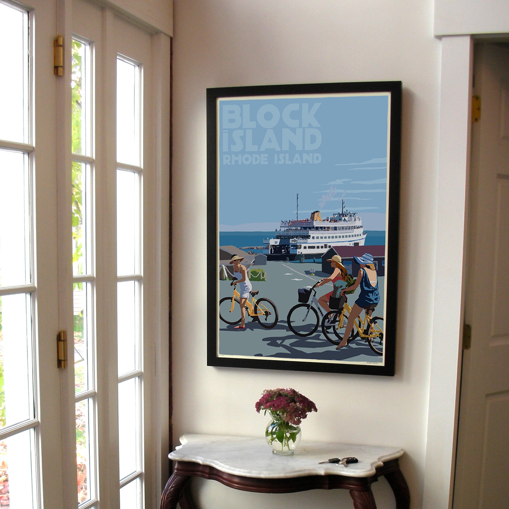 Block Island Bicycle Girls Art Print 24" x 36" Framed Travel Poster By Alan Claude  - Rhode Island