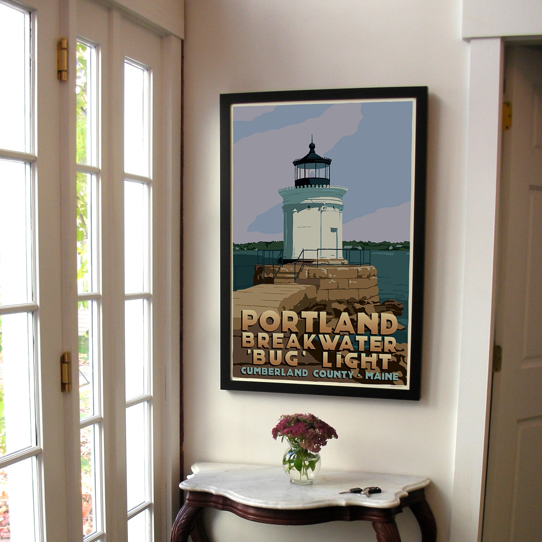 Portland Breakwater Bug Light Art Print 24" x 36" Framed Travel Poster By Alan Claude  - Maine