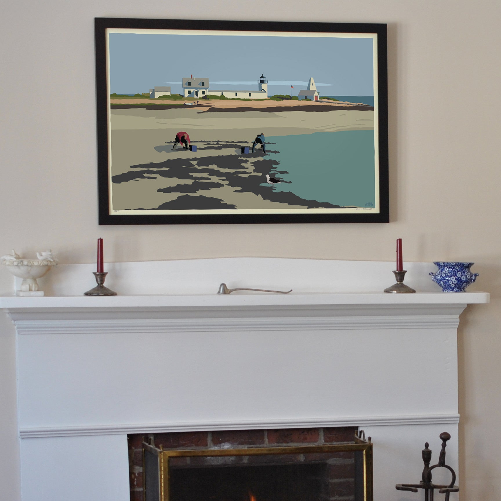 Goat Island Clammers Art Print 24" x 36" Framed Wall Poster By Alan Claude  - Maine