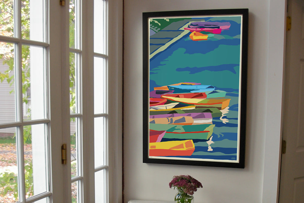 Perkins Cove Dinghies Art Print 24" x 36" Vertical Framed Wall Poster By Alan Claude  - Maine