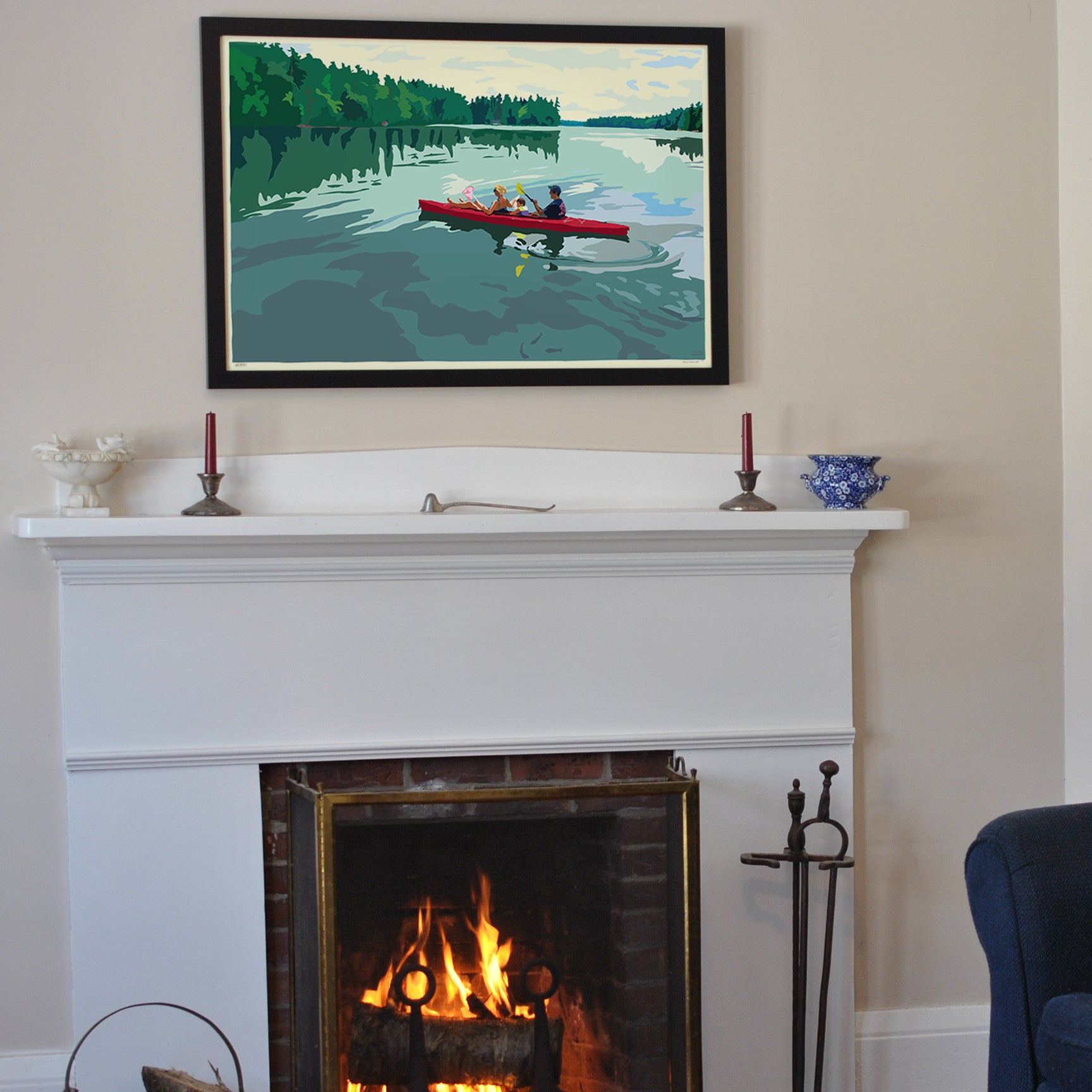 Kayaking On A Lake Art Print 24" x 36" Framed Travel Poster By Alan Claude  - Maine