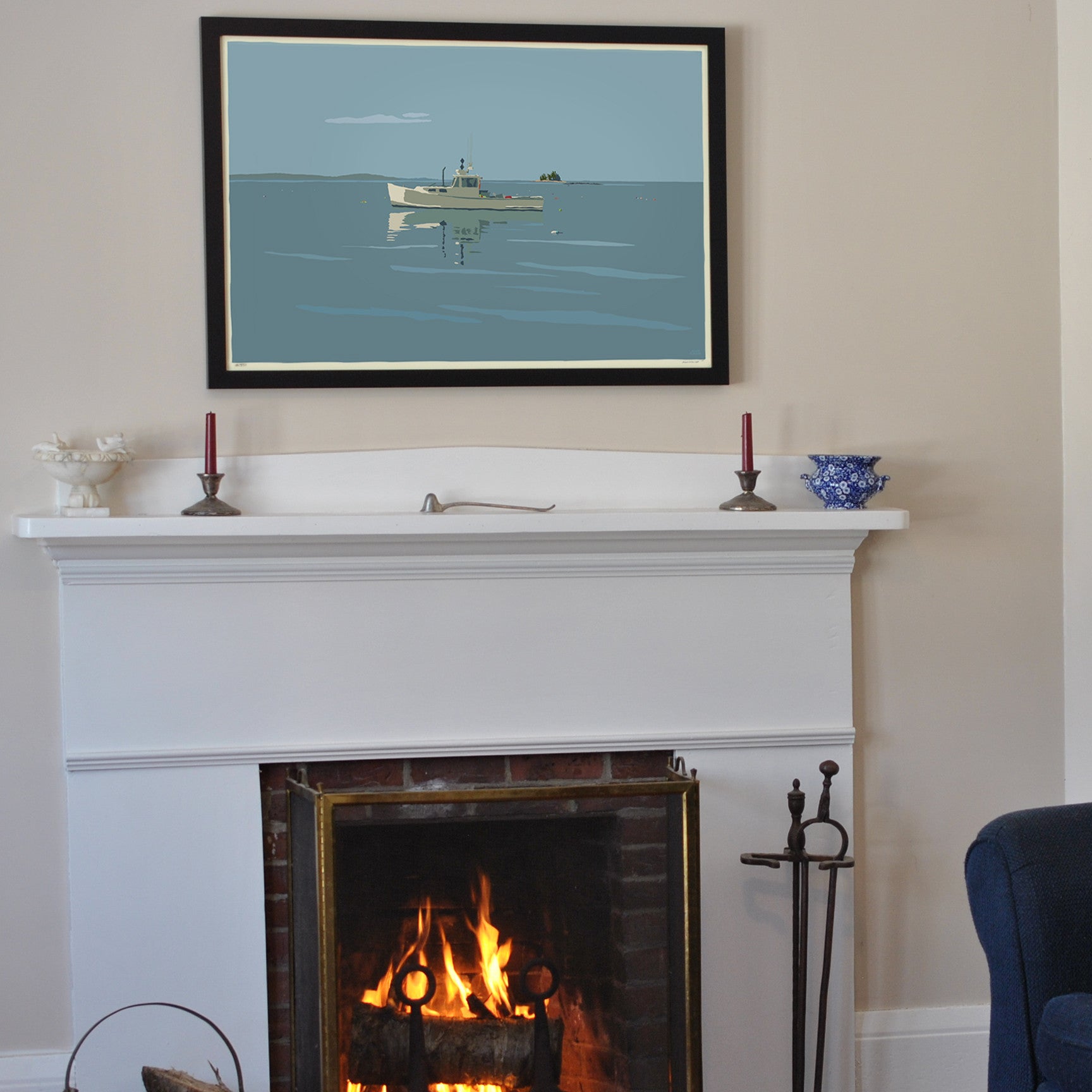 Tranquility Lobster Boat Art Print 24" x 36" Framed Travel Poster By Alan Claude - Maine