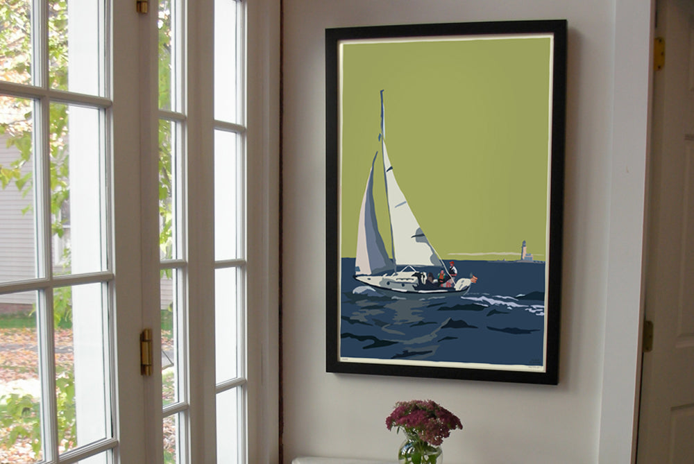 Sailing Half Way Rock Light Art Print 24" x 36" Framed Wall Poster By Alan Claude  - Maine