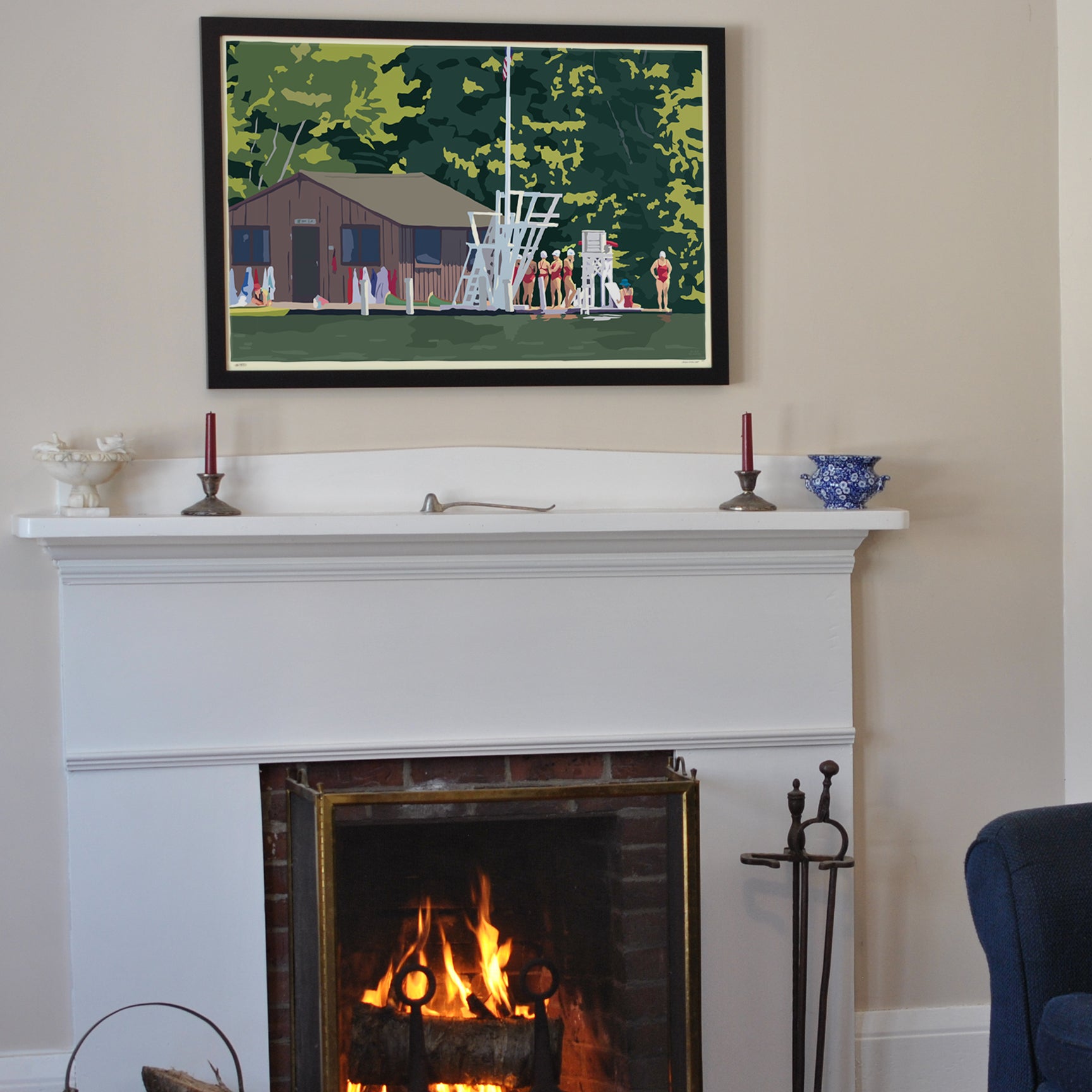 Sebago Lake Swimmers Art Print 24" x 36" Horizontal Framed Wall Poster By Alan Claude - Maine