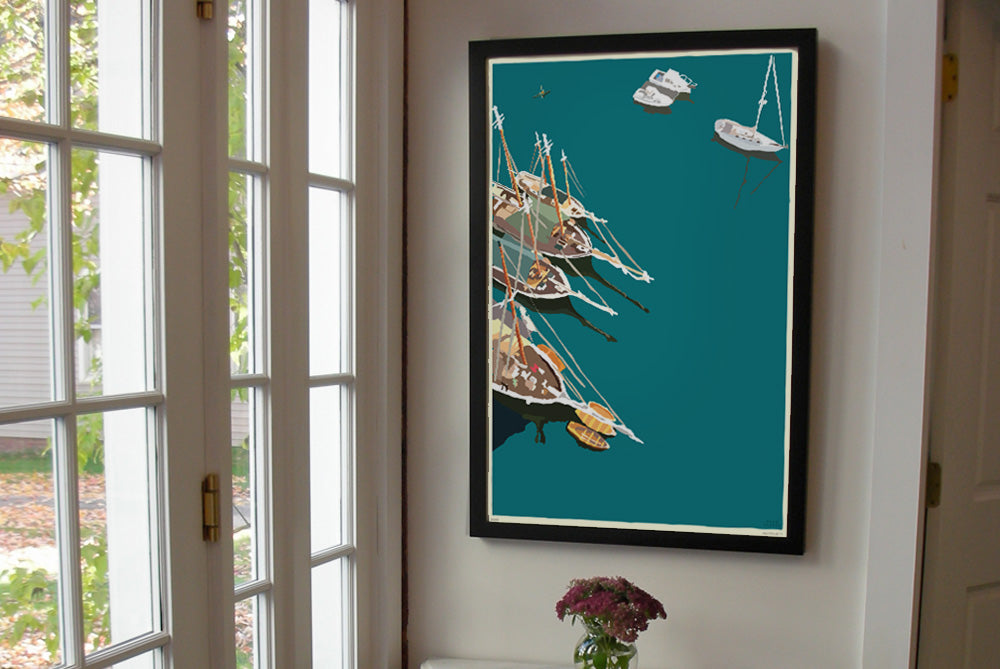 Windjammers In Camden Harbor Art Print 24" x 36" Framed Wall Poster By Alan Claude - Maine