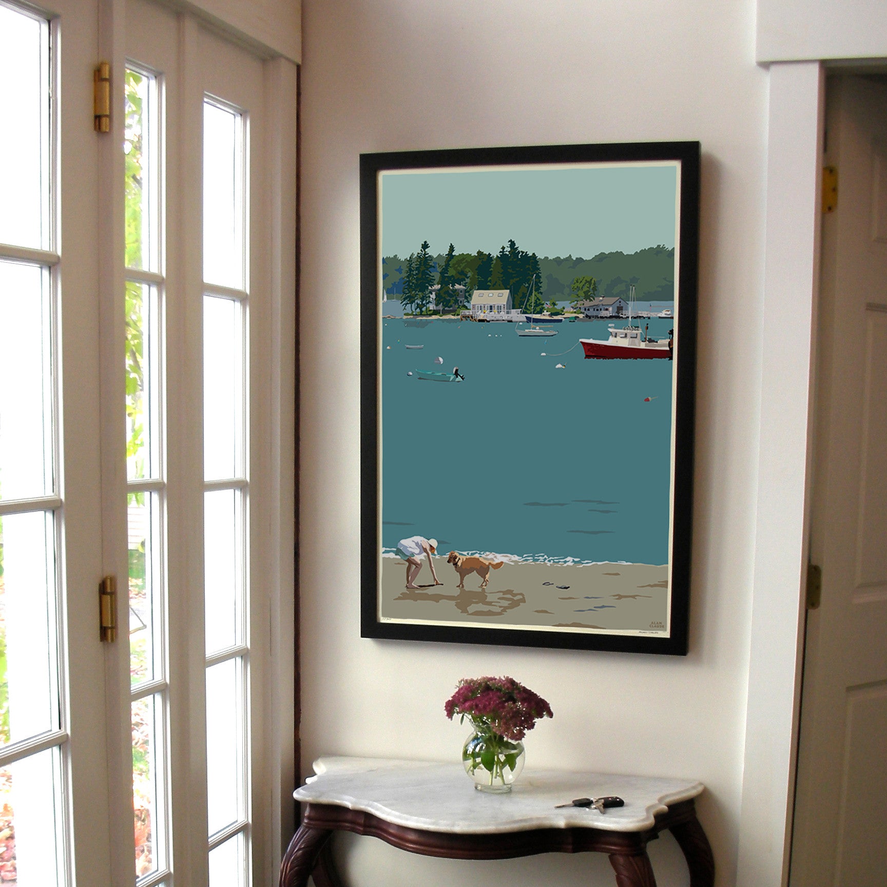 Golden Retriever at Beach "Go Fetch" Art Print 24" x 36" Framed Wall Poster By Alan Claude  - Maine