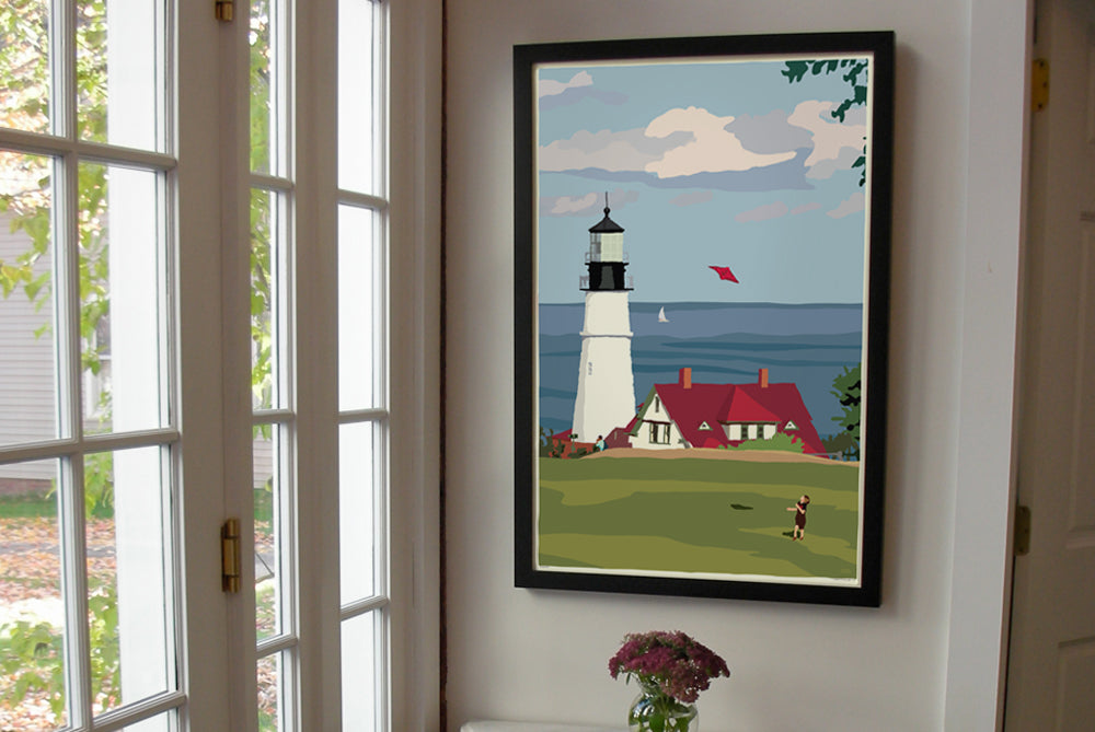 Fly Kite Fly At Portland Head Light Art Print 24" x 36" Framed Wall Poster - Maine