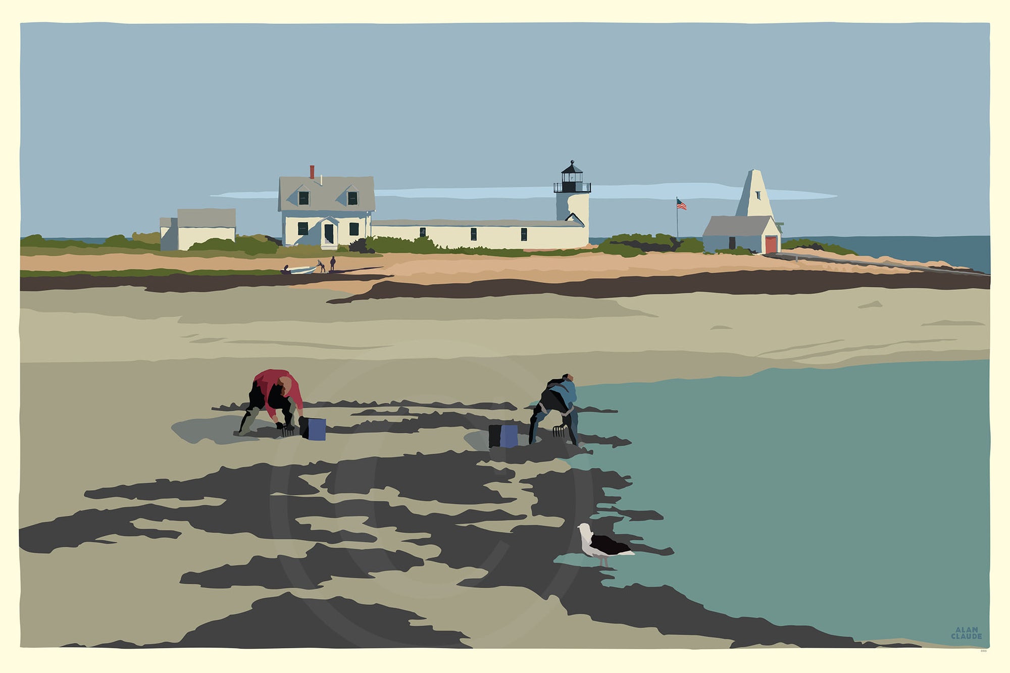 Goat Island Clammers Art Print 36" x 53" Wall Poster By Alan Claude - Maine