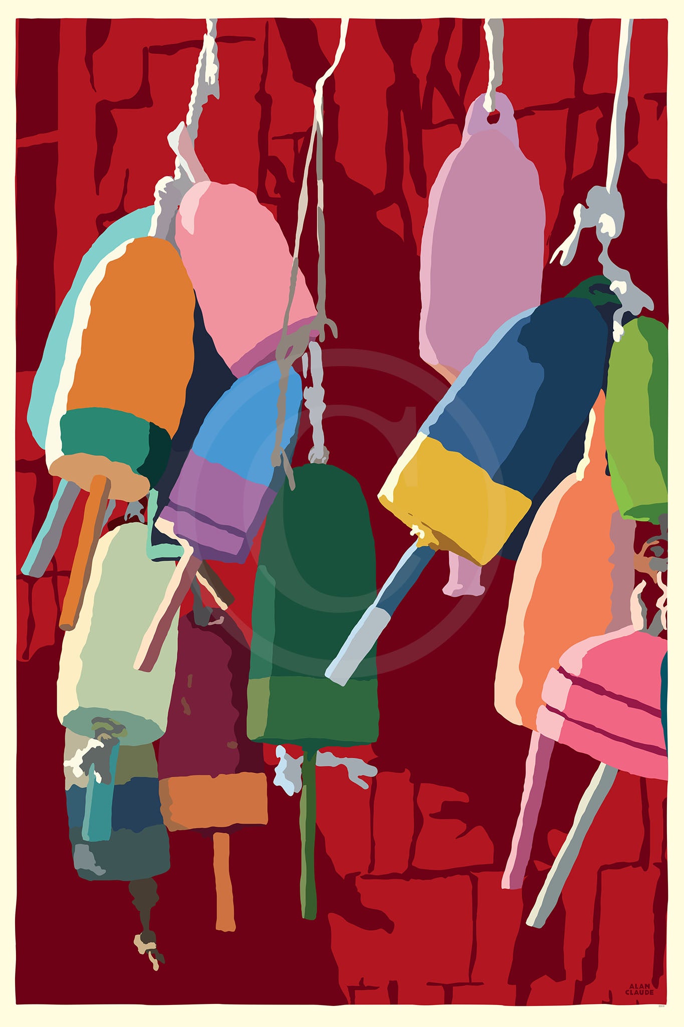 Lobster Buoys Art Print 24" x 36" Wall Poster By Alan Claude - Maine