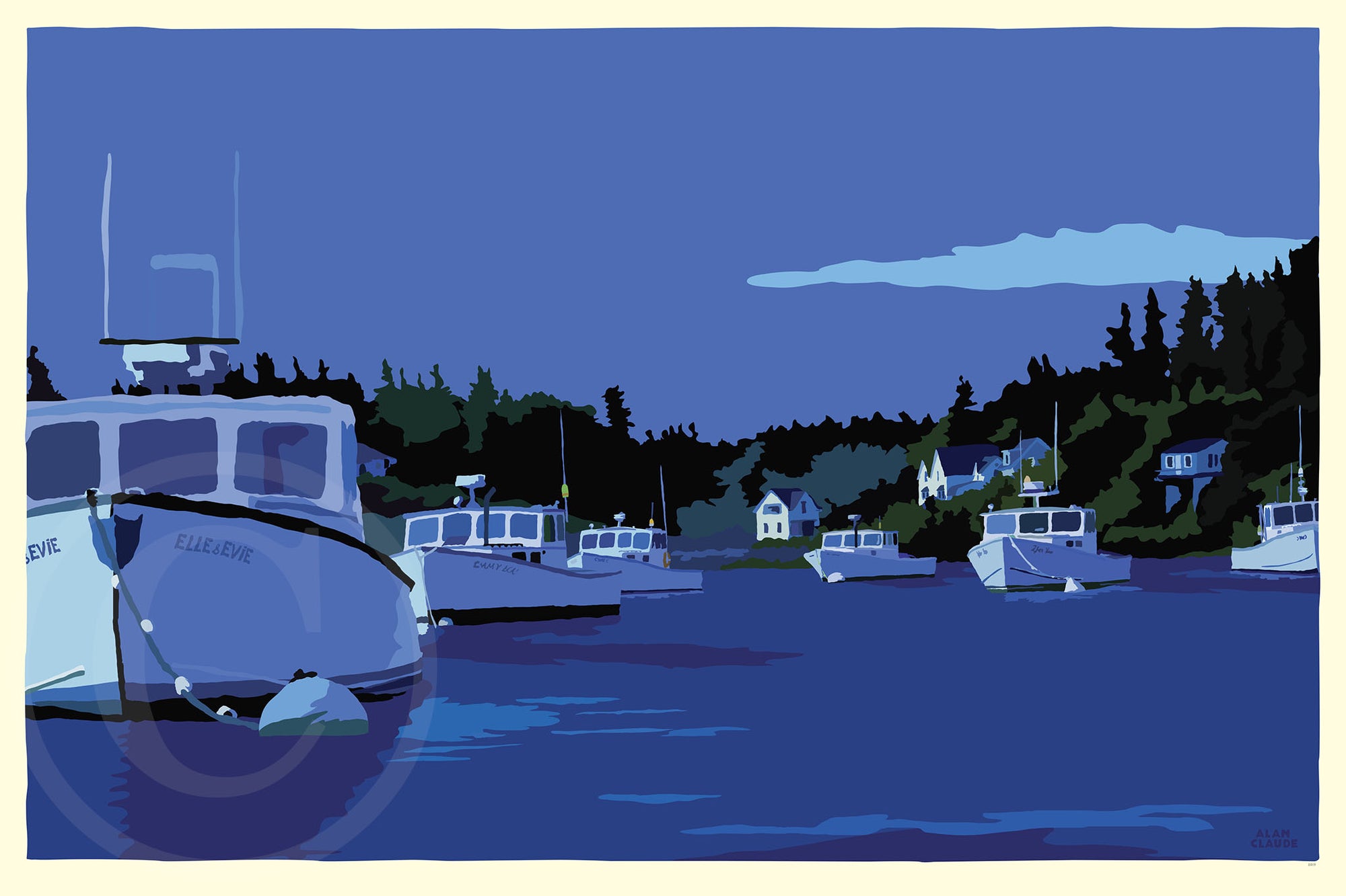 Moonlight Over Port Clyde Art Print 24" x 36" Wall Poster By Alan Claude - Maine