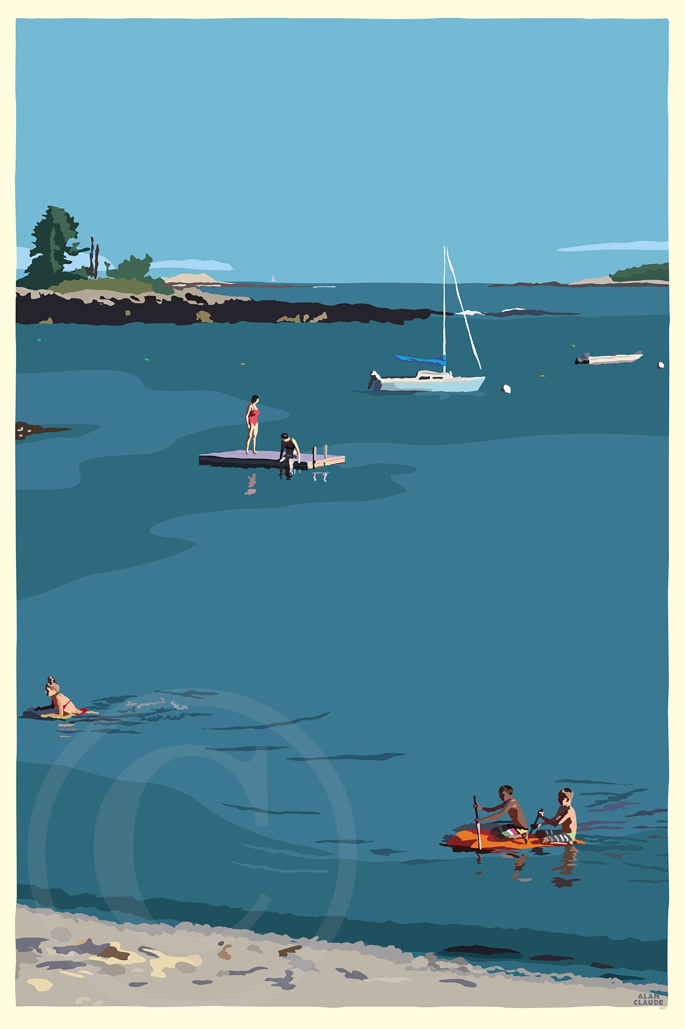 Ocean Point Swimmers Art Print 24" x 36" Wall Poster By Alan Claude - Maine