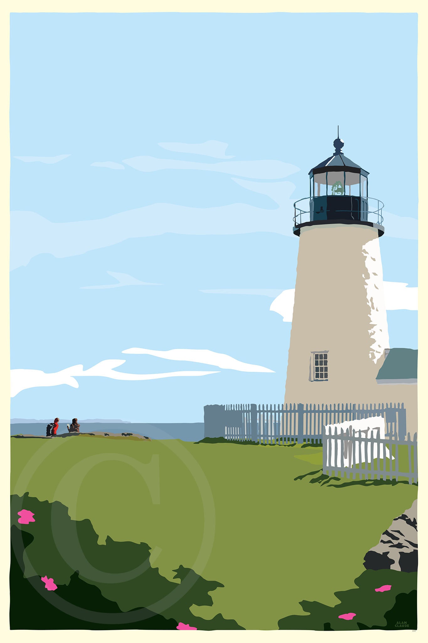 Pemaquid Point Light Hikers Art Print 36" x 53" Wall Poster By Alan Claude - Maine