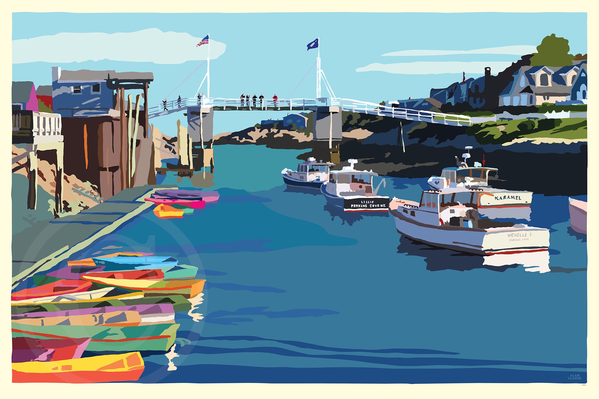 Perkins Cove Drawbridge Art Print 24" x 36" Wall Poster By Alan Claude - Maine