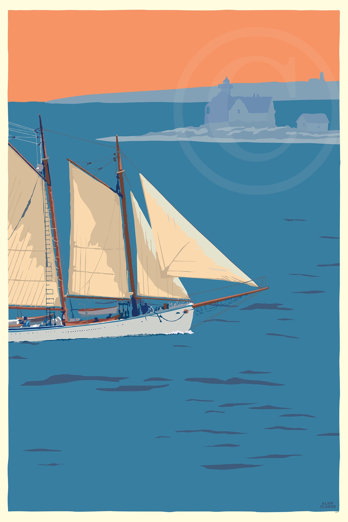 Schooner at the Cuckolds Art Print 24" x 36" Wall Poster By Alan Claude - Maine