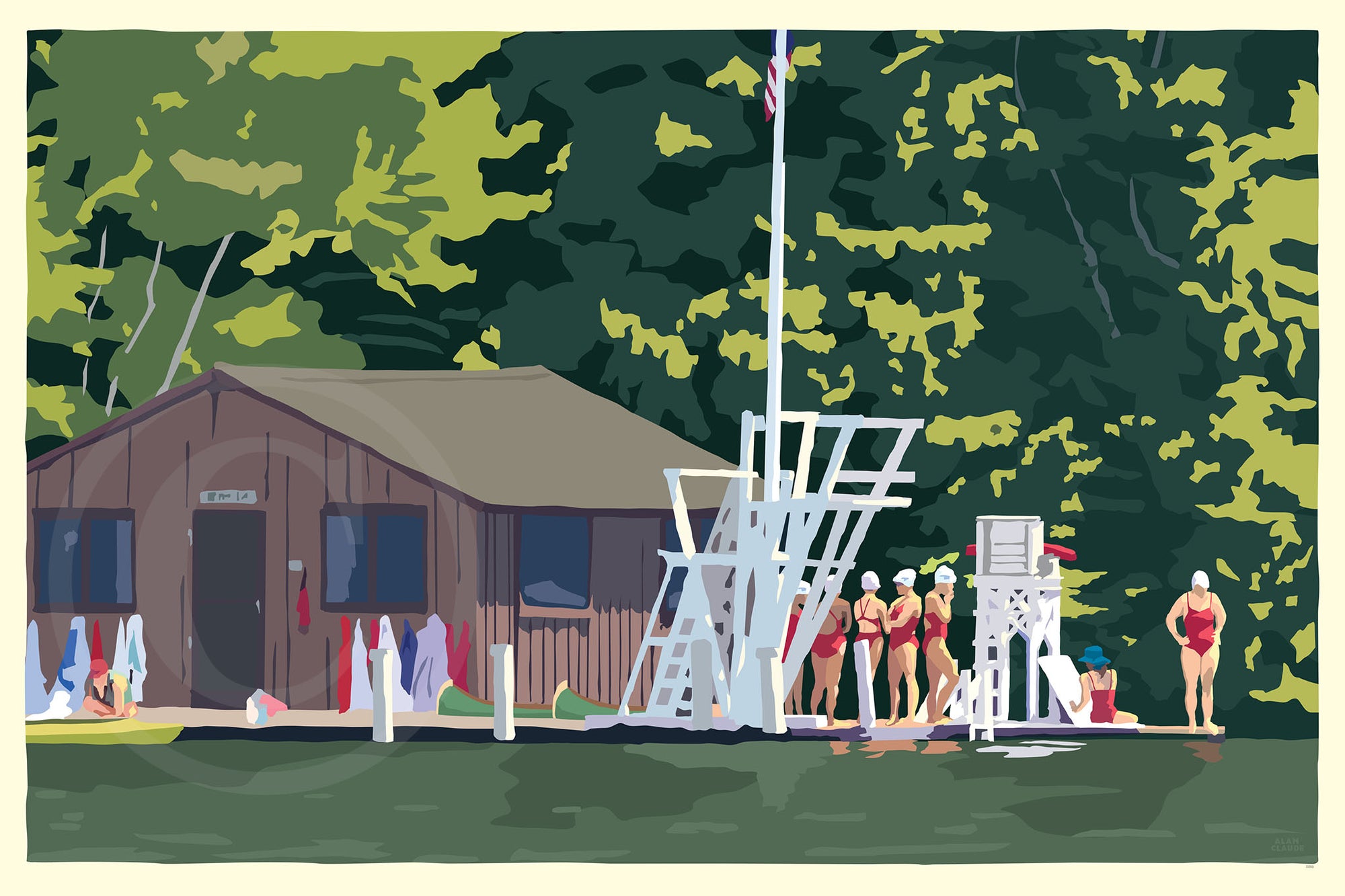 Sebago Lake Swimmers Art Print 24" x 36" Horizontal Travel Poster By Alan Claude - Maine