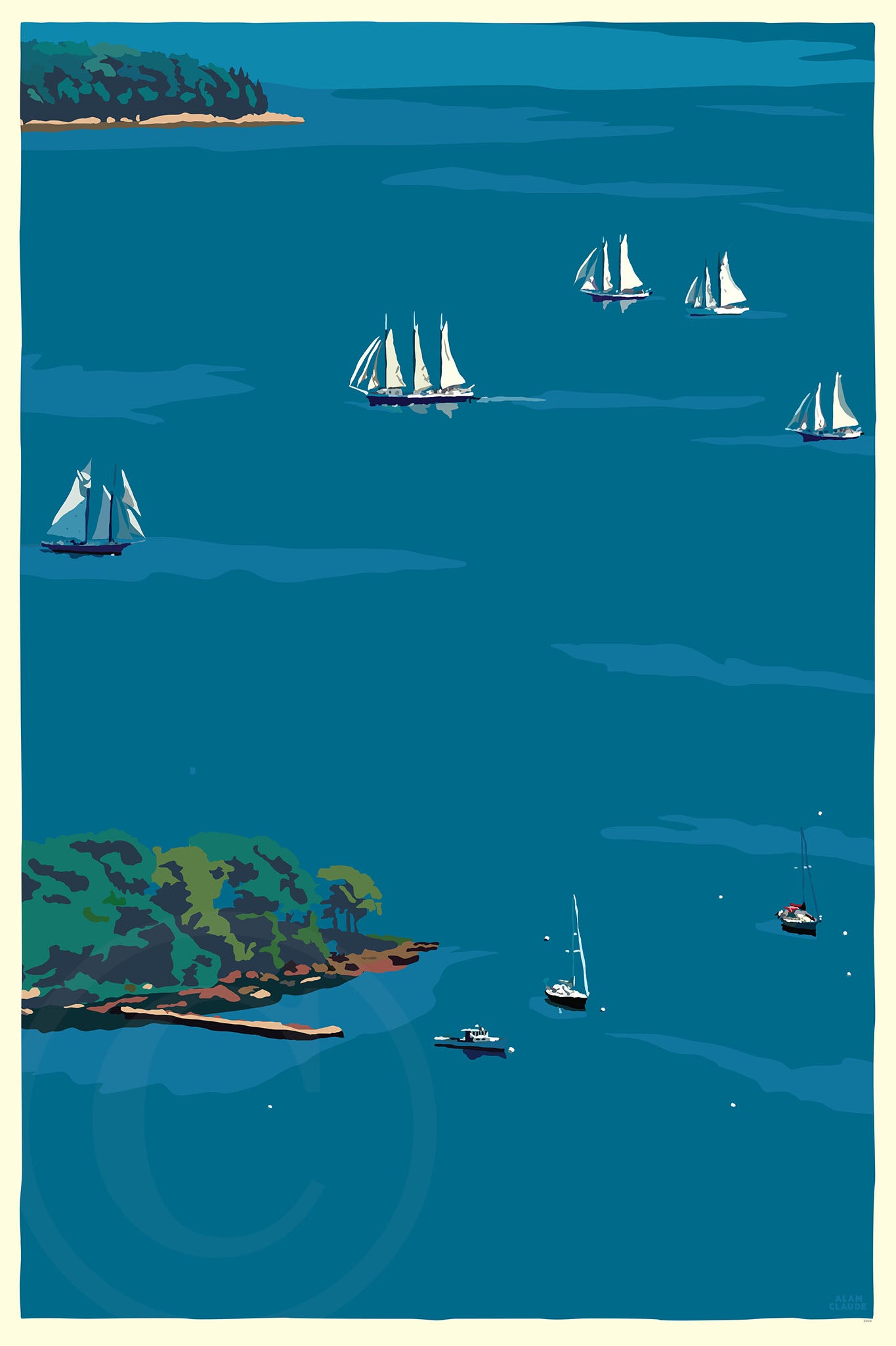 Schooners in Camden Harbor Art Print 24" x 36" Wall Poster By Alan Claude - Maine