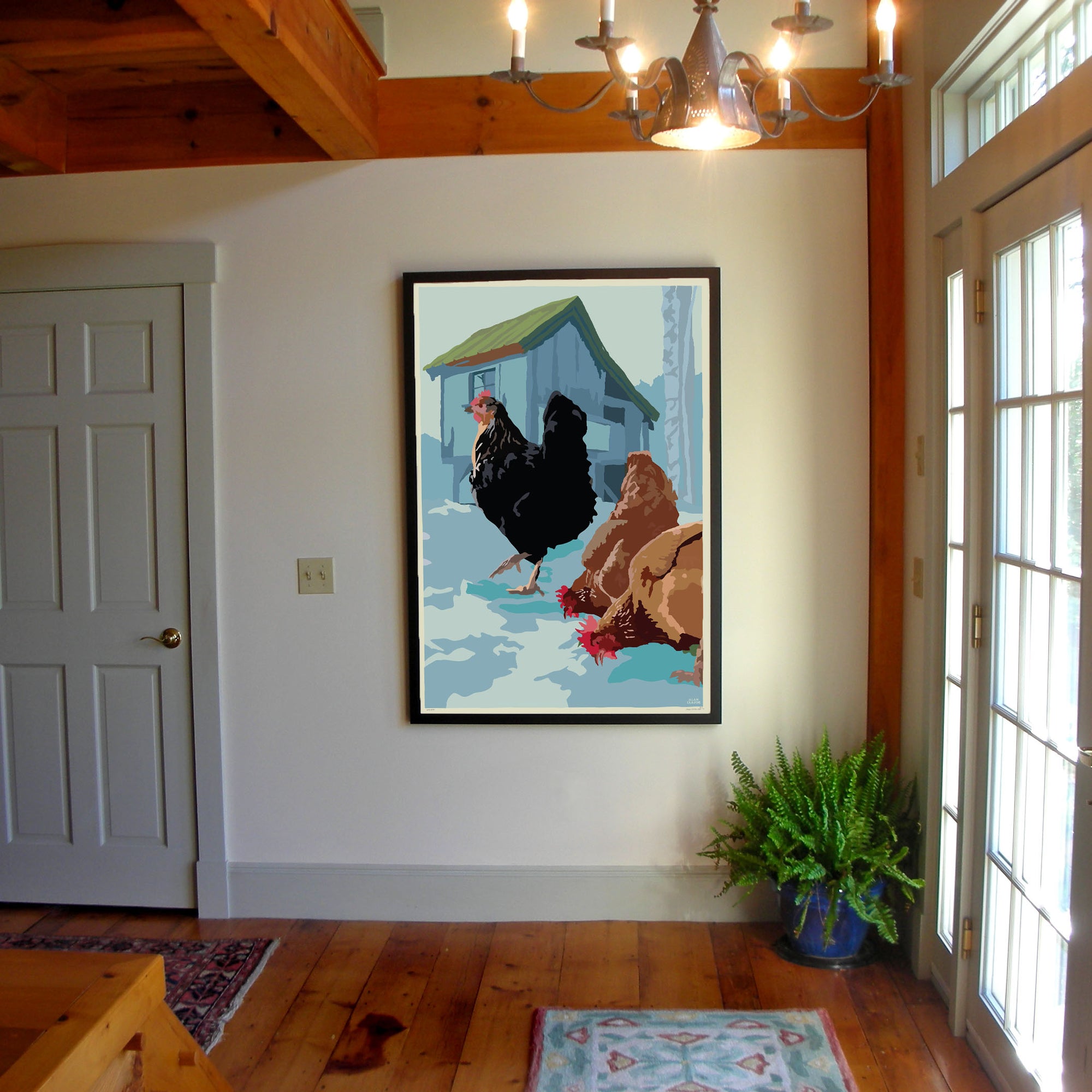 Winter Chickens Art Print 36" x 53" Framed Wall Poster By Alan Claude - Maine