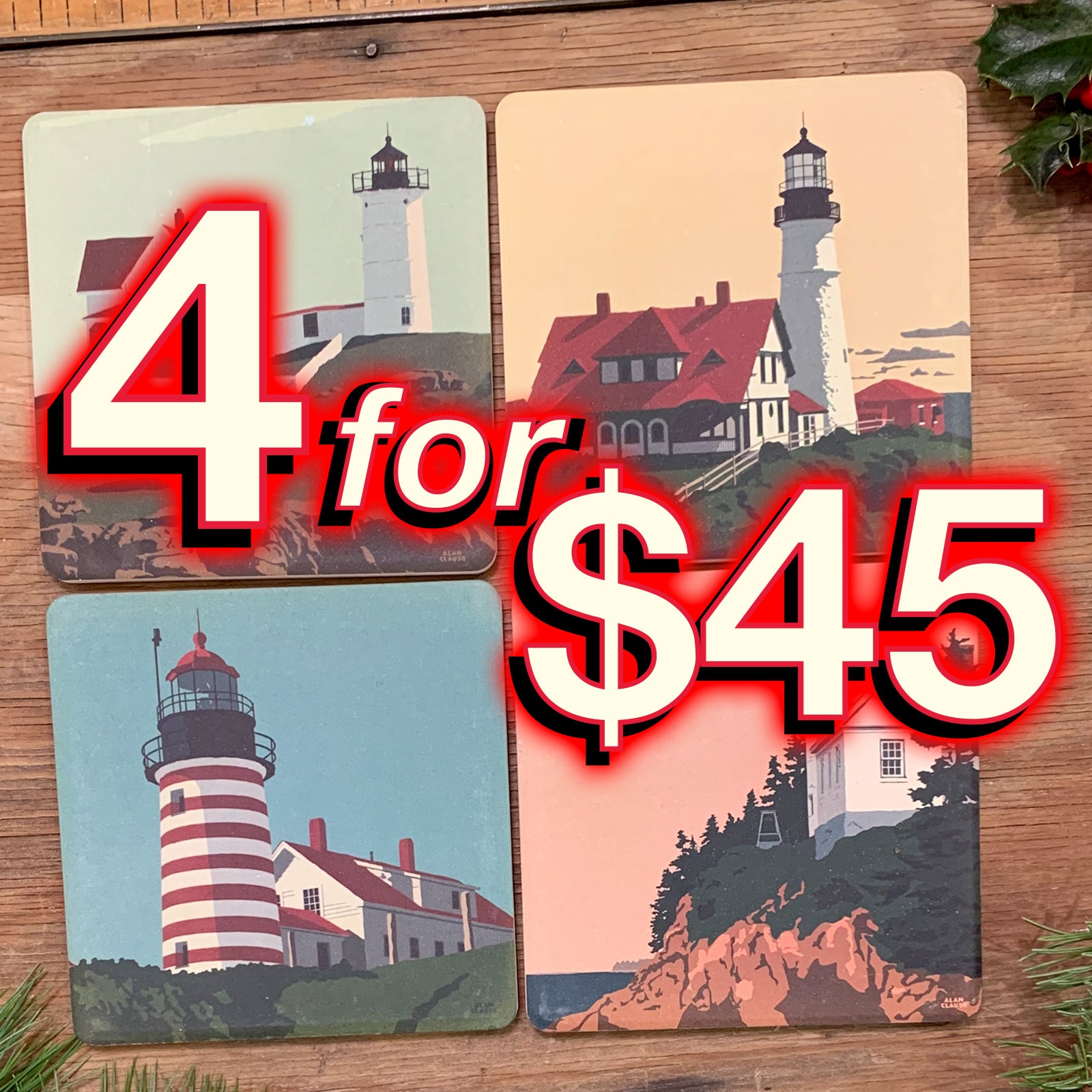 4 coasters for $45 - Classic Maine Lighthouses