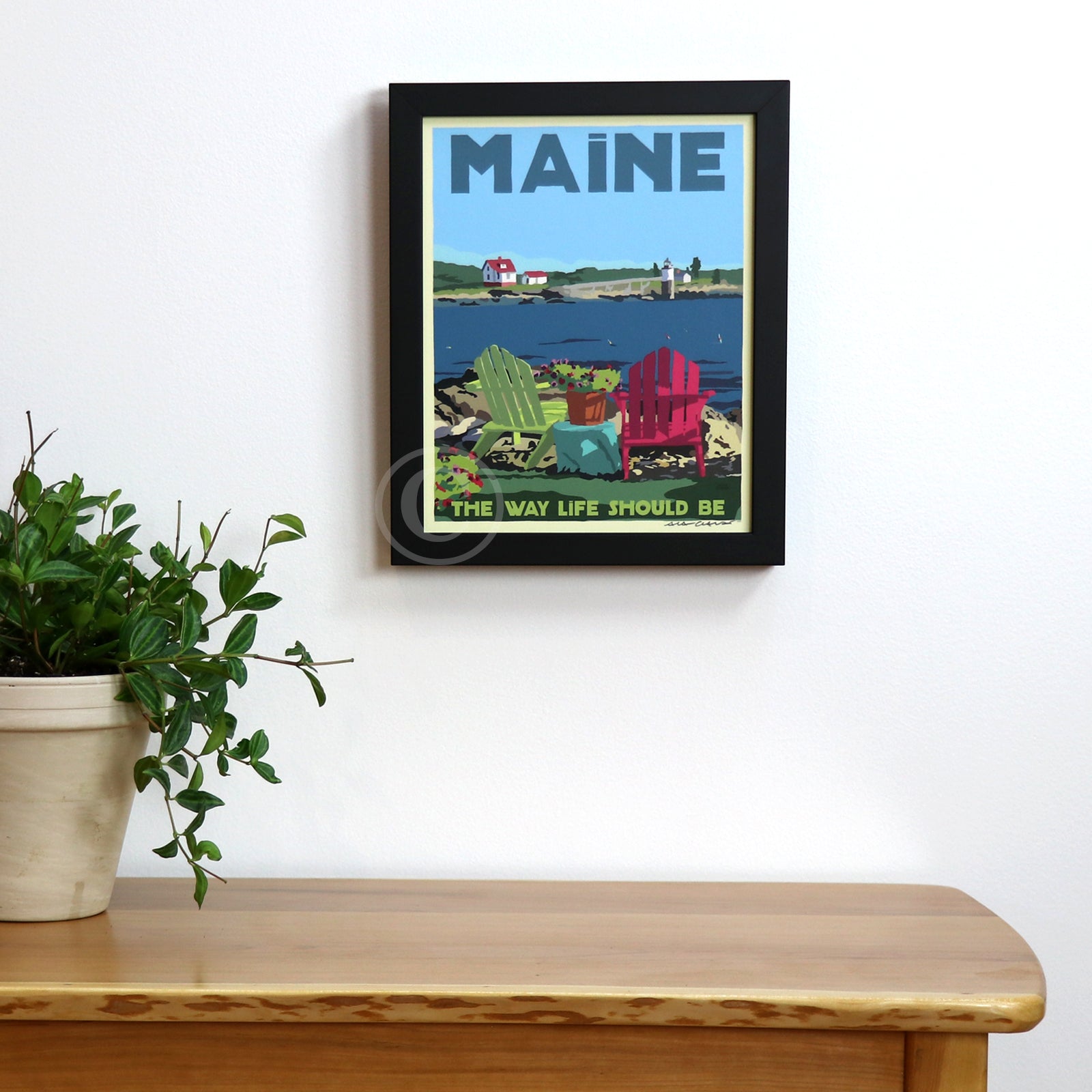 Chairs Overlooking Ram Island Light Art Print 8" x 10" Framed Travel Poster By Alan Claude - Maine