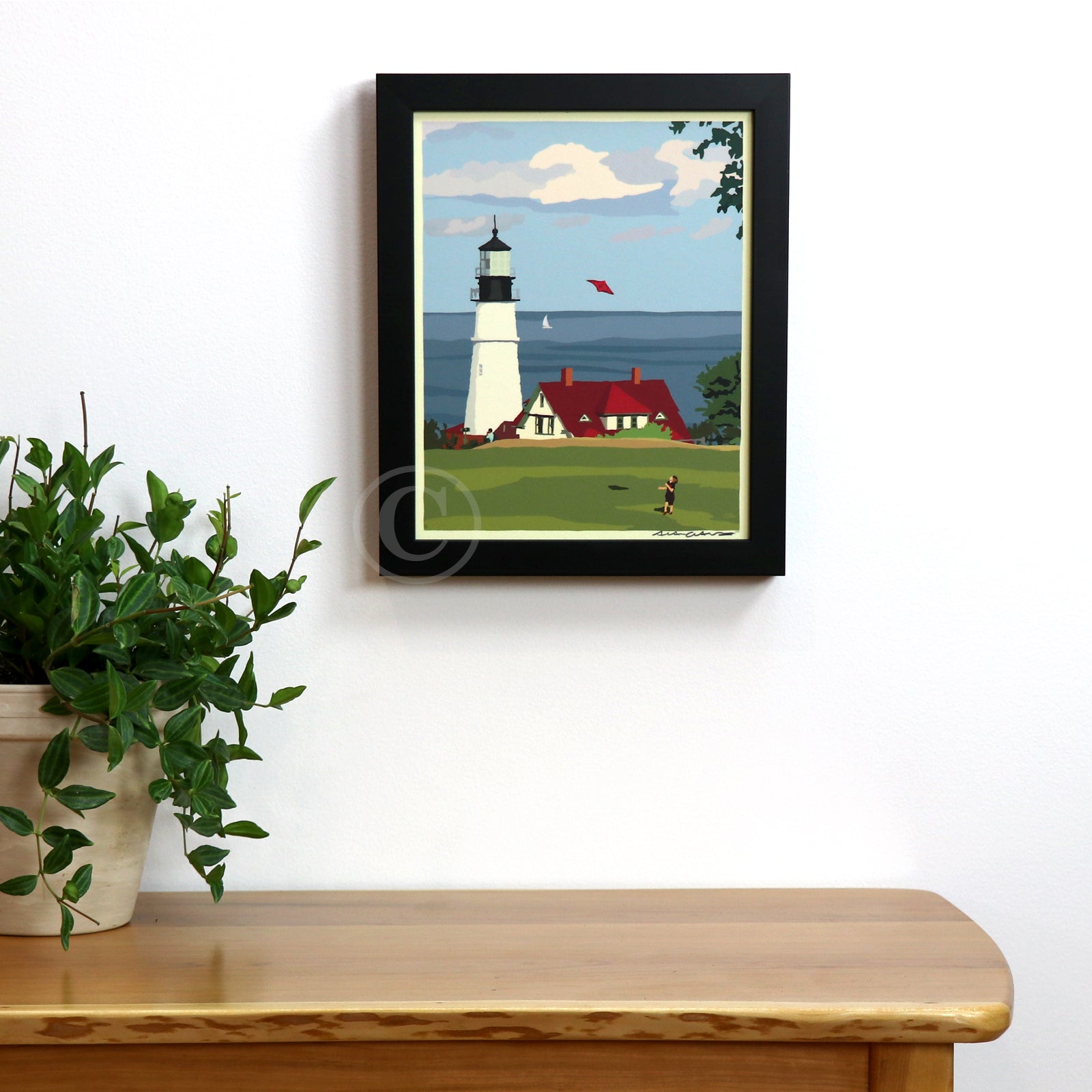 Fly Kite Fly at Portland Head Light Art Print 8" x 10" Framed Wall Poster- Maine