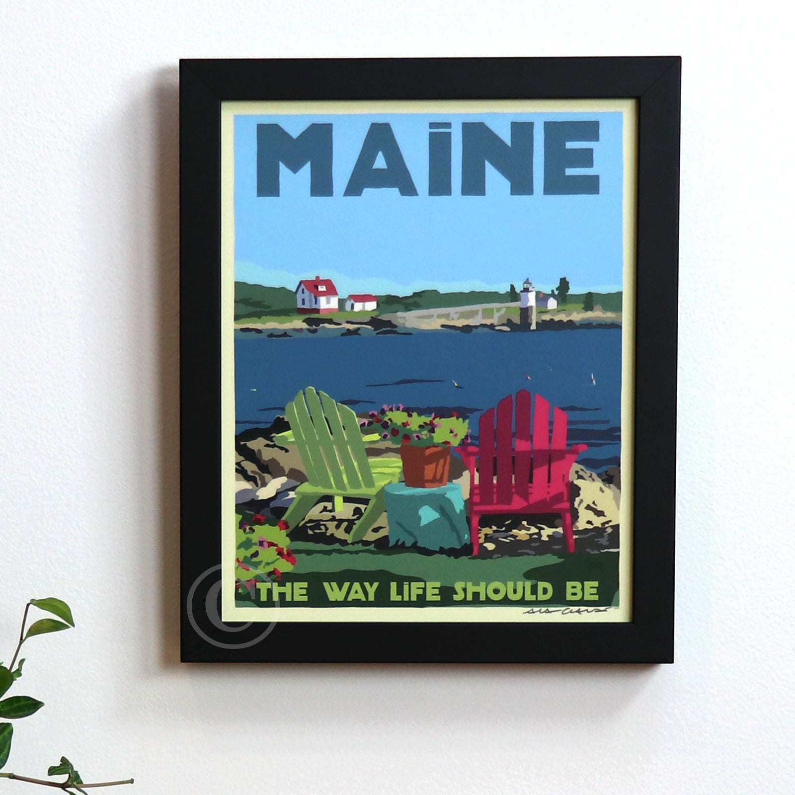 Chairs Overlooking Ram Island Light Art Print 8" x 10" Framed Travel Poster By Alan Claude - Maine