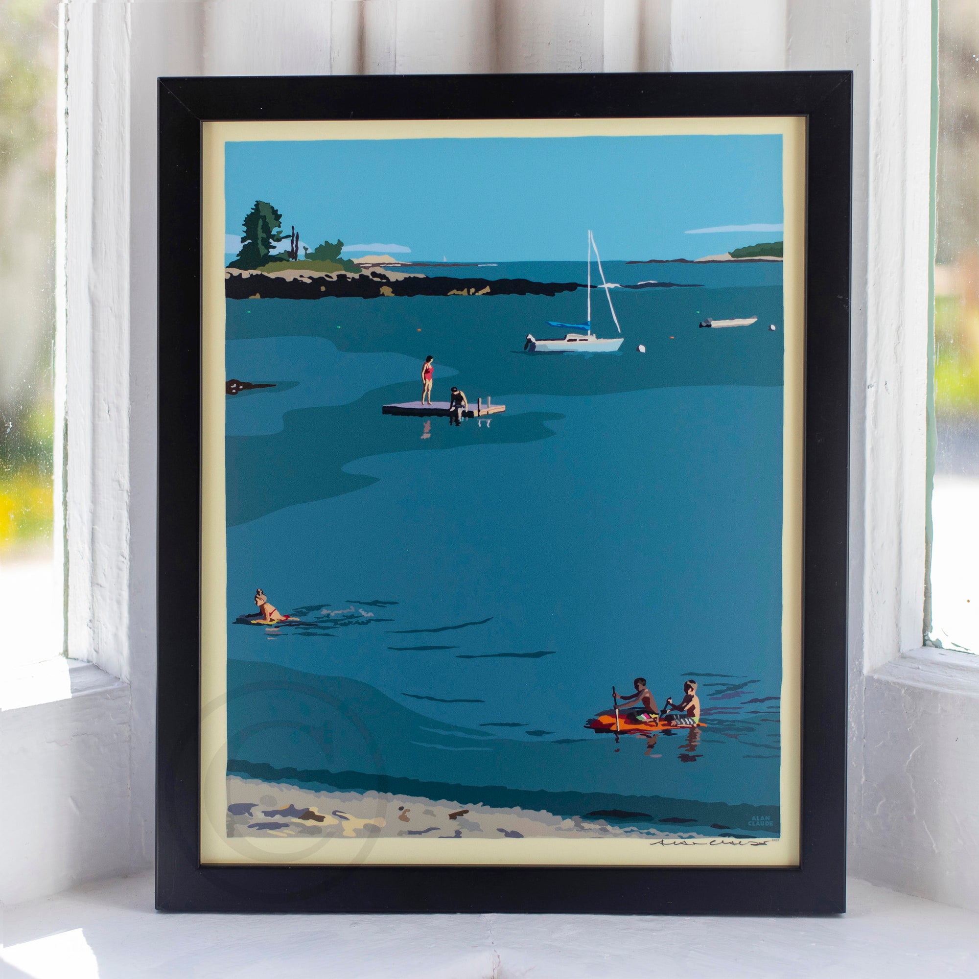 Ocean Point Swimmers Art Print 8" x 10" Framed Wall Poster by Alan Claude - Maine