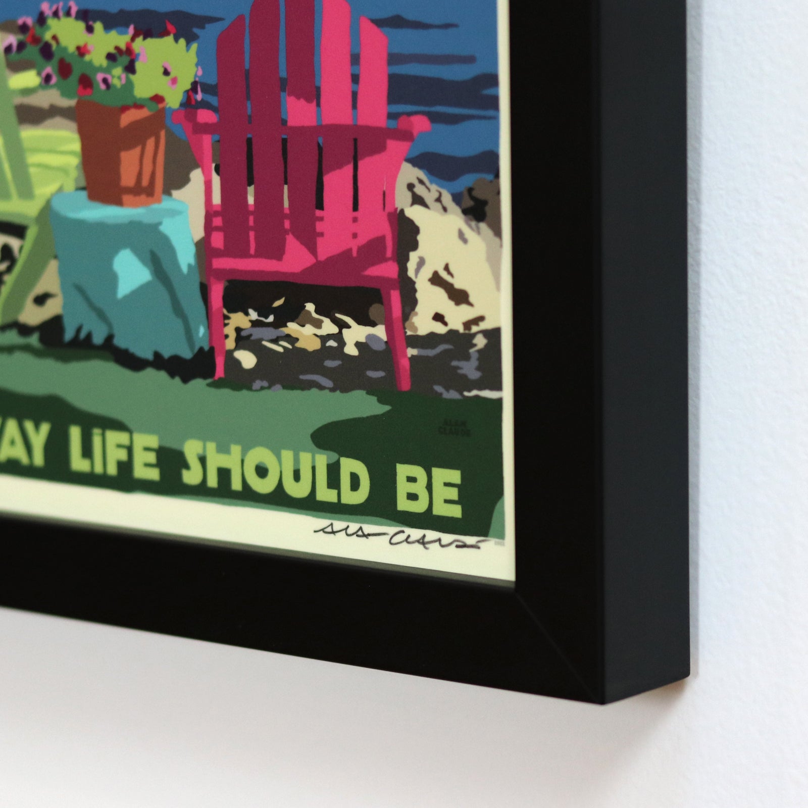 Chairs Overlooking Ram Island Light Art Print 8" x 10" Framed Travel Poster By Alan Claude - Maine