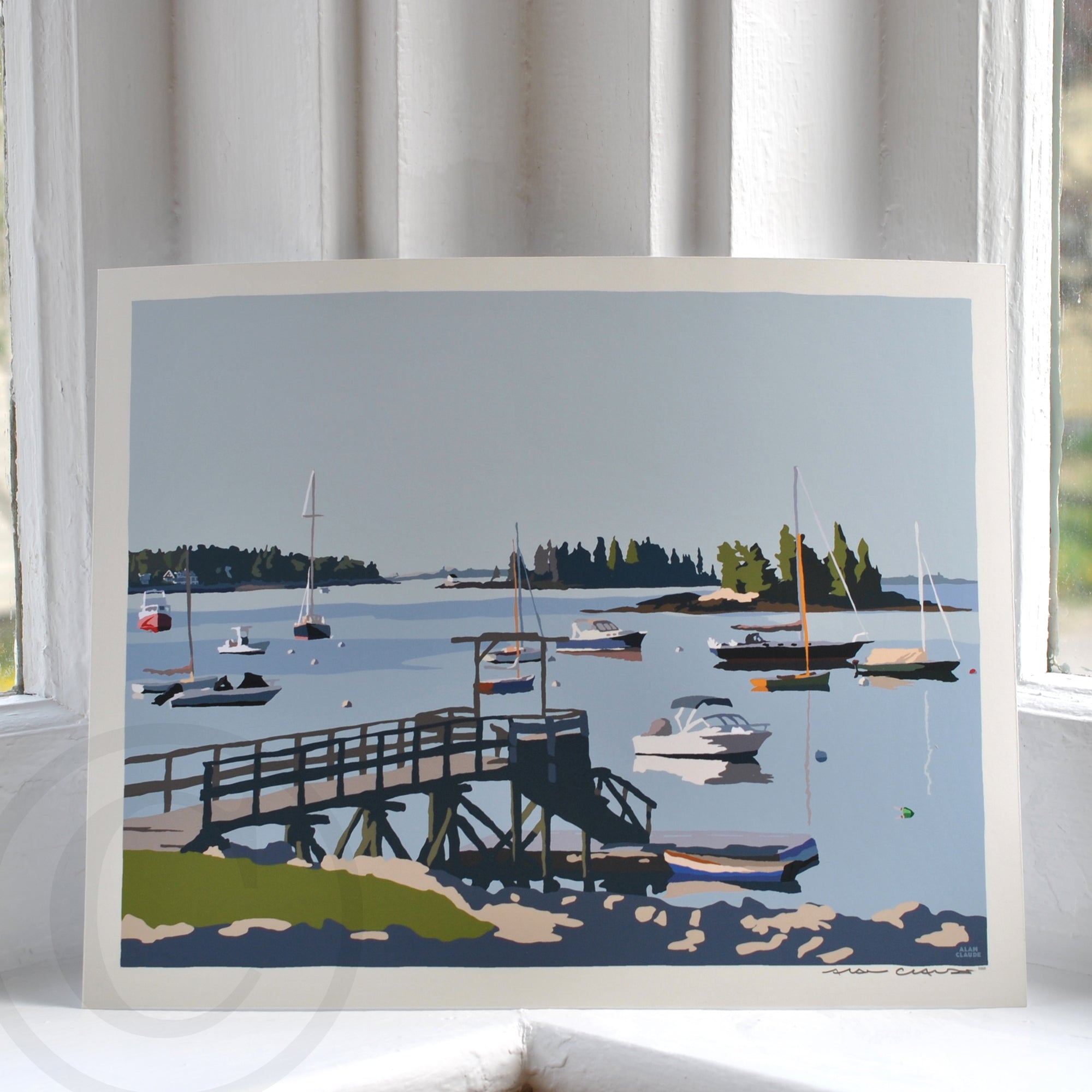 Sailboats in Boothbay Harbor Art Print 8" x 10" Wall Poster By Alan Claude - Maine
