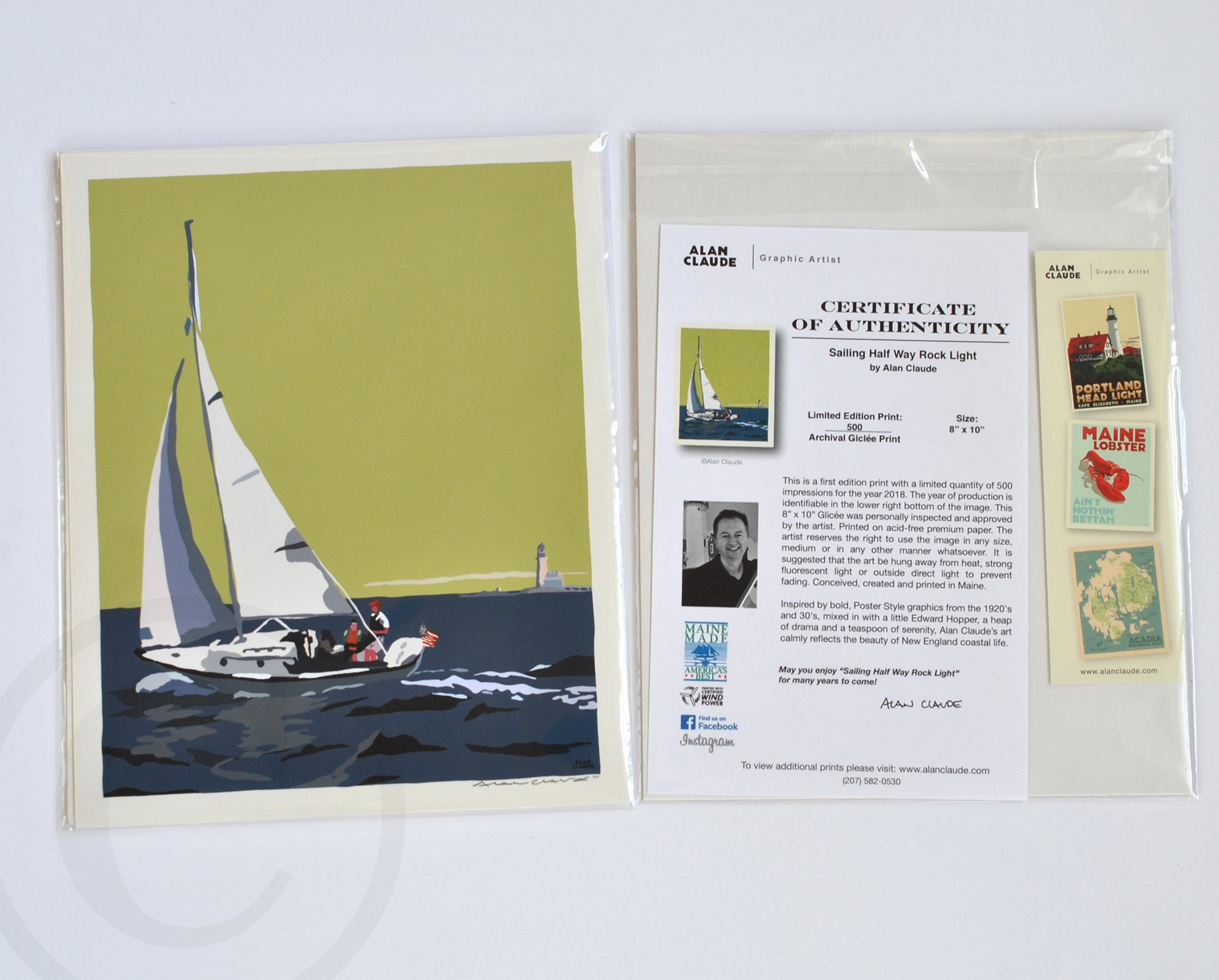 Sailing Half Way Rock Light Art Print 8" x 10" Travel Poster By Alan Claude - Maine