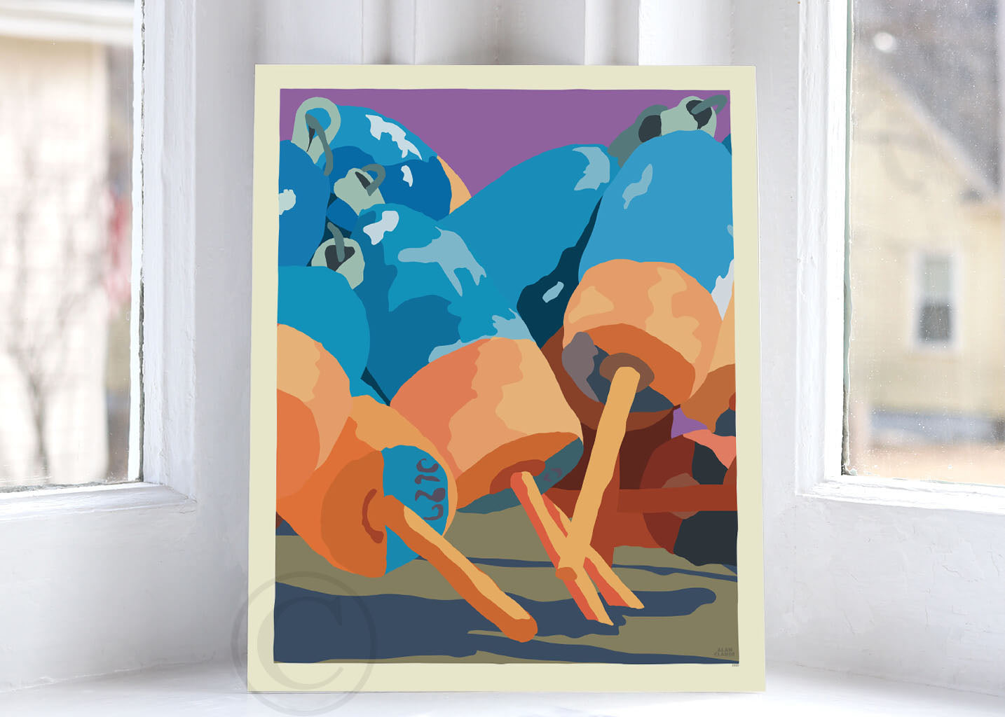 Blue & Orange Lobster Buoys Art Print 8" x 10" Wall Poster By Alan Claude - Maine