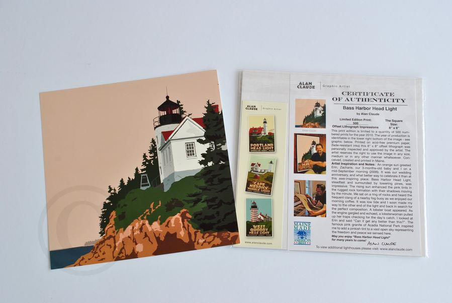 Bass Harbor Head Light Art Print 8" x 8" Square Wall Poster By Alan Claude - Maine
