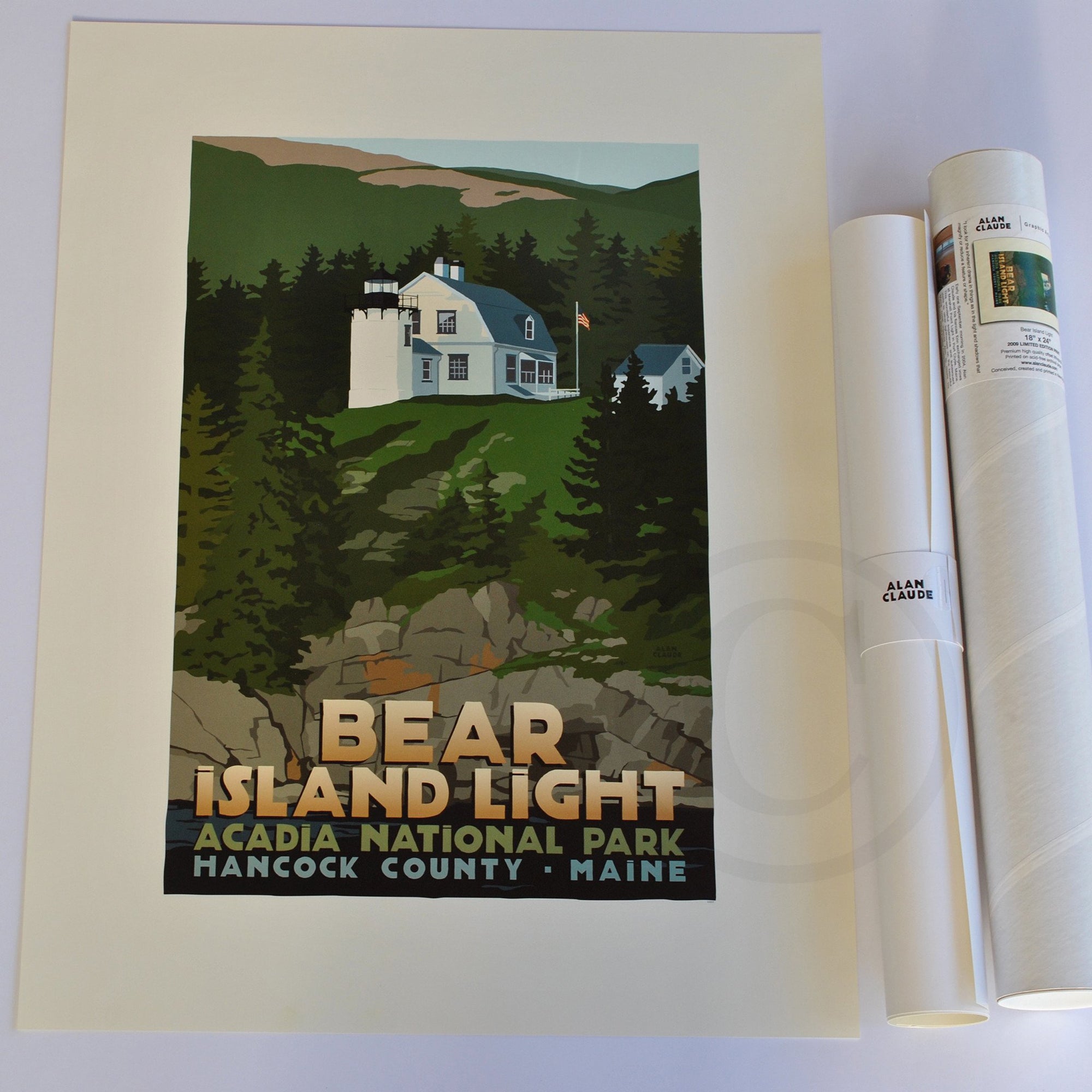 Bear Island Light Art Print 18" x 24" Travel Poster By Alan Claude - Maine