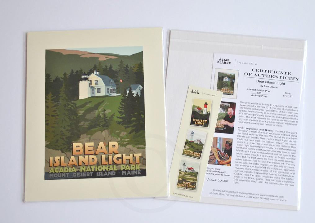 Bear Island Light Art Print 8" x 10" Travel Poster By Alan Claude - Maine