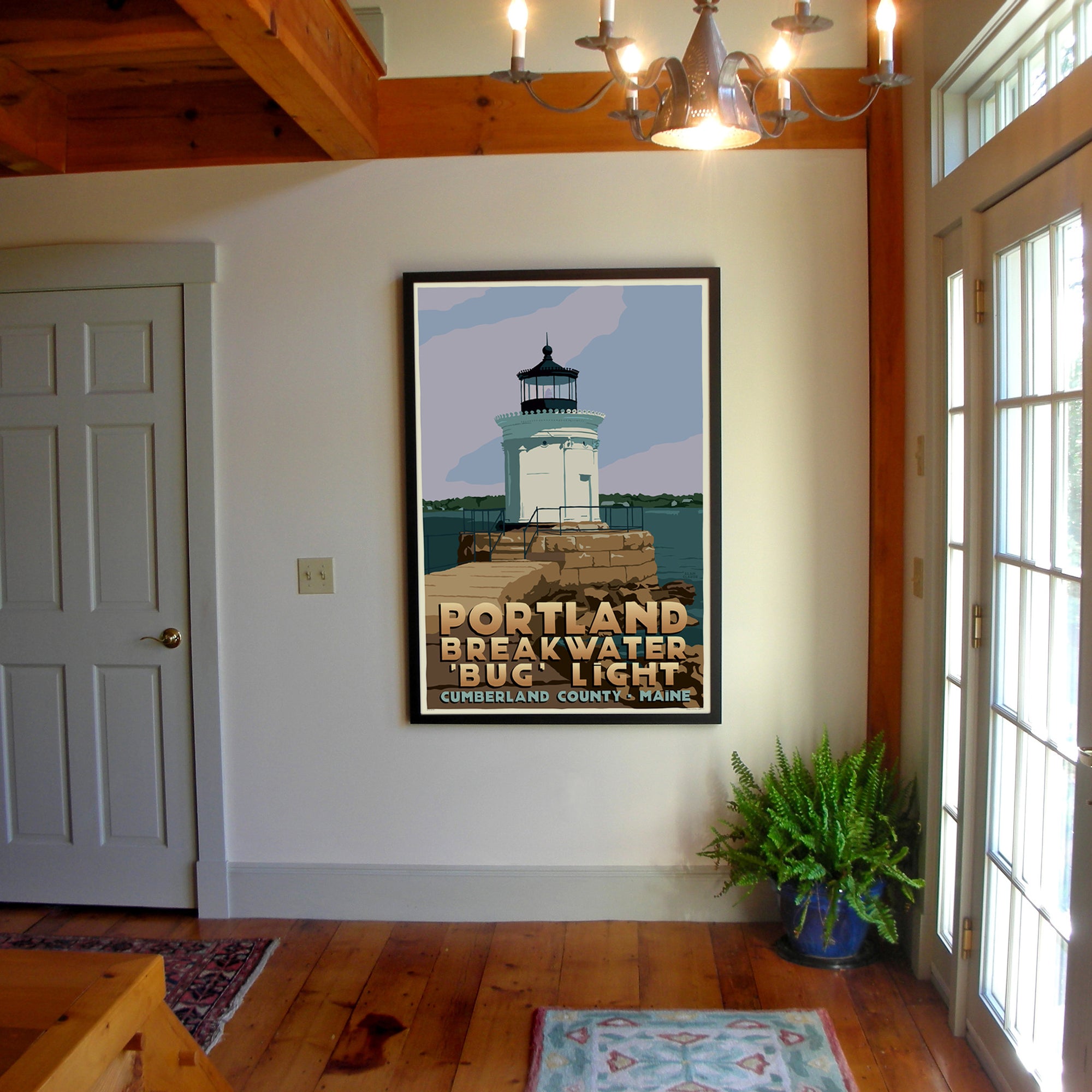 Portland Breakwater Bug Light Art Print 36" x 53" Framed Travel Poster By Alan Claude - Maine