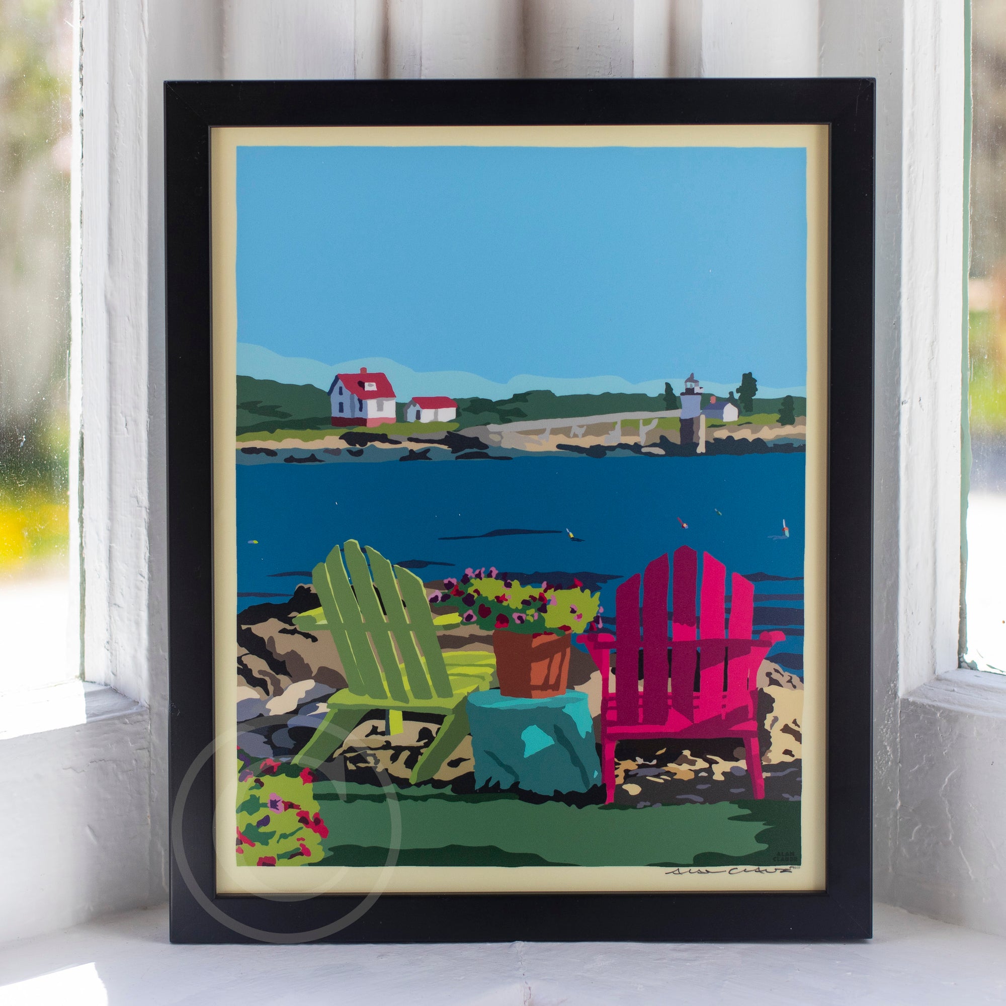 Chairs Overlooking Ram Island Art Print 8" x 10" Framed Wall Poster By Alan Claude - Maine